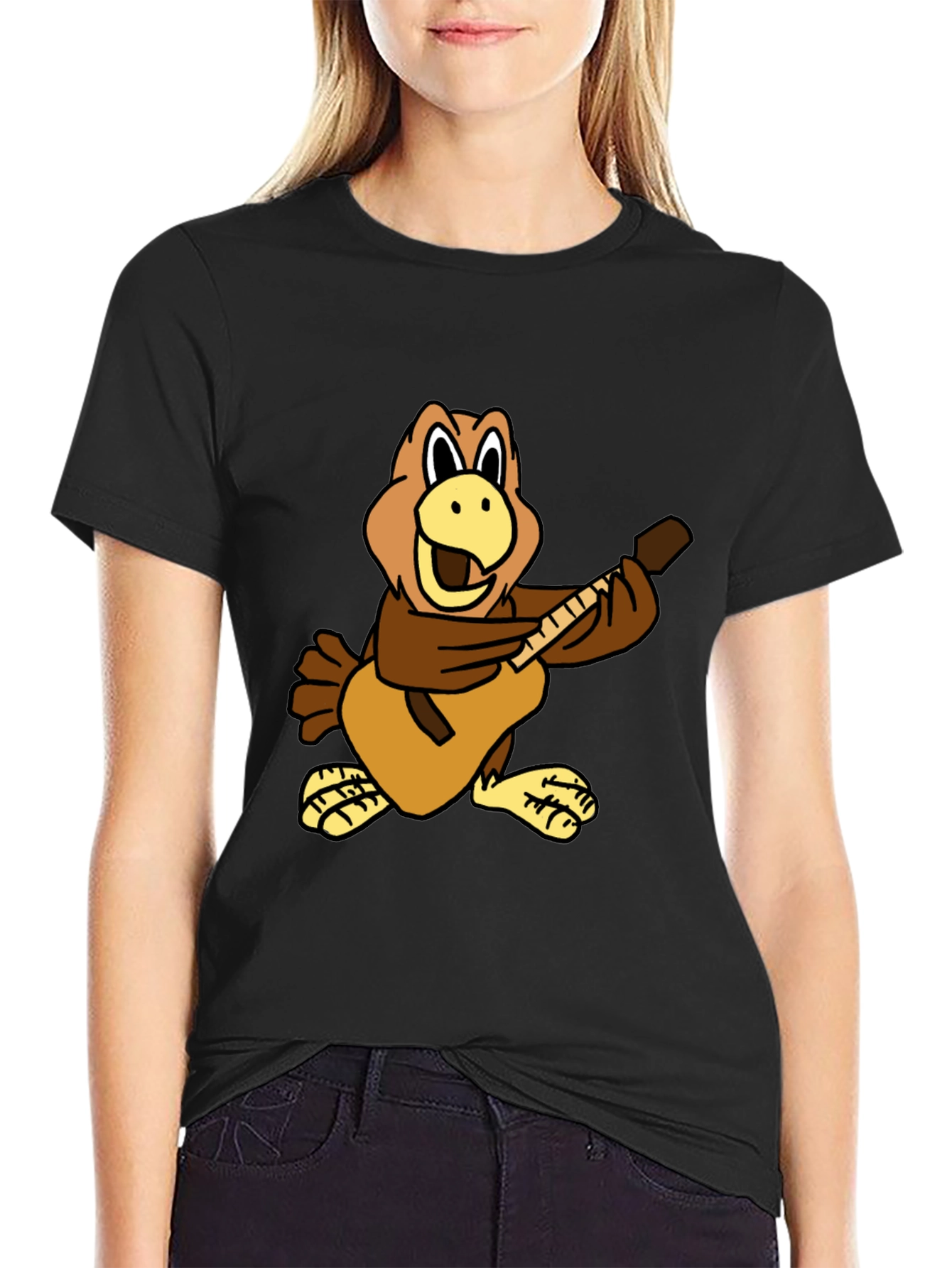 Cartoon Bird Guitarist Black T-Shirt