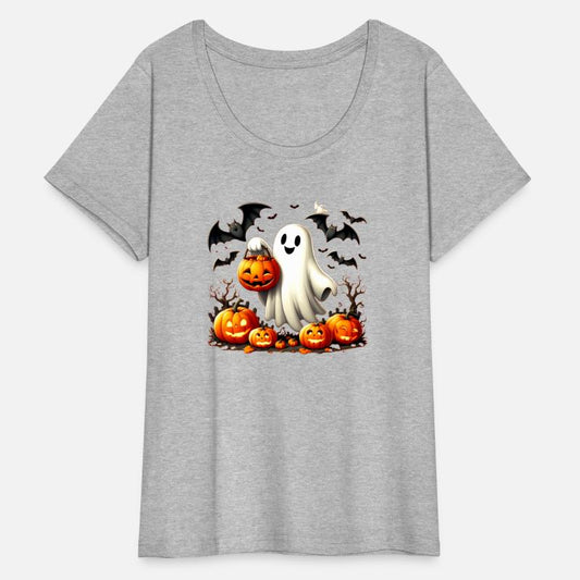 A Halloween Ghost Holding a Pumpkin Bucket T-Shirt