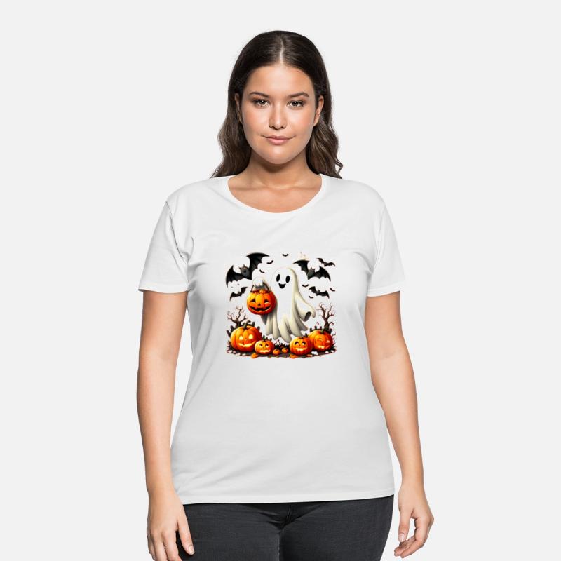 A Halloween Ghost Holding a Pumpkin Bucket T-Shirt