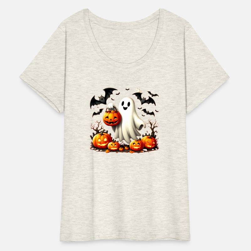 A Halloween Ghost Holding a Pumpkin Bucket T-Shirt