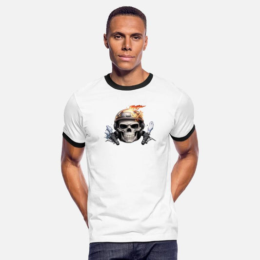 A skull wearing a motorbike helmet.