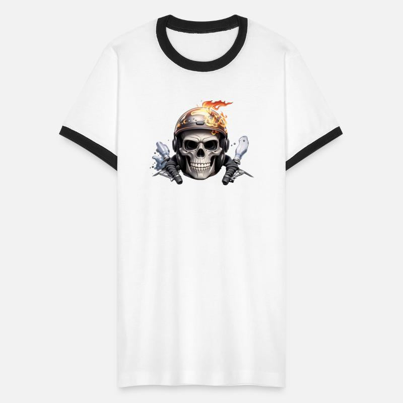 A skull wearing a motorbike helmet.