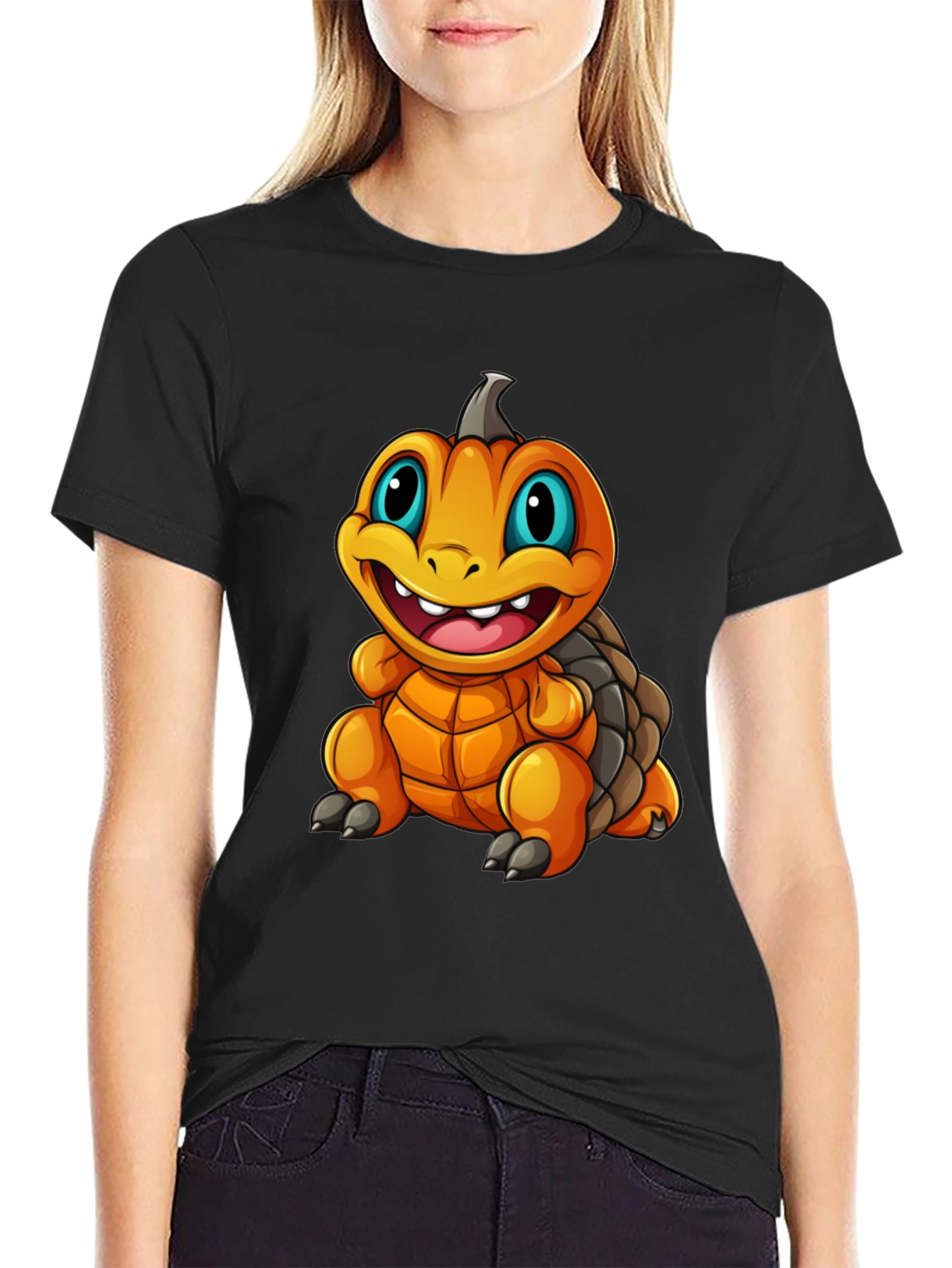 Pumpkin Turtle Graphic Tee - Black Cotton Blend