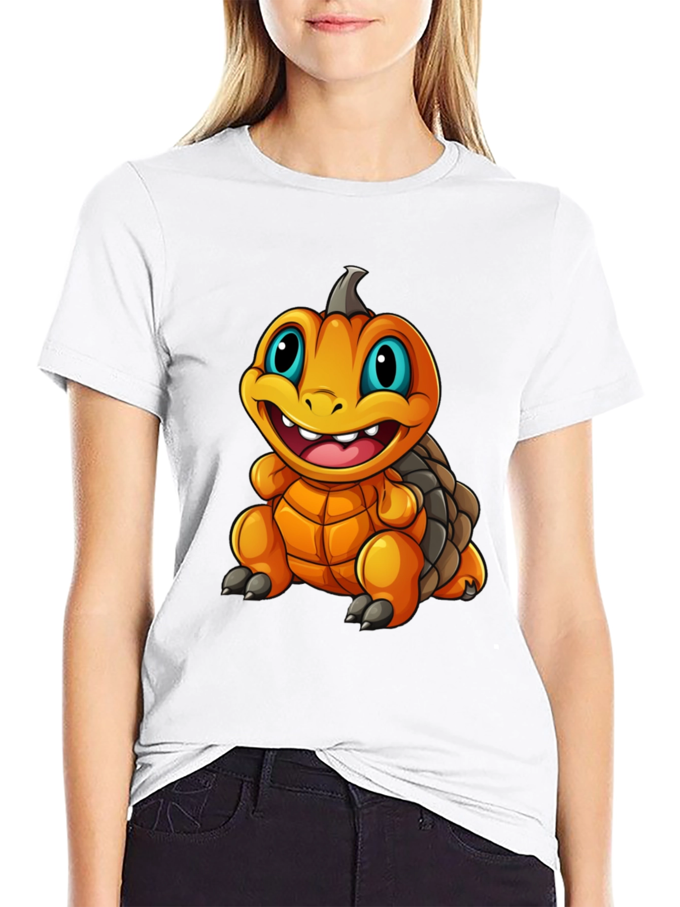 Pumpkin Turtle Graphic Tee - Black Cotton Blend