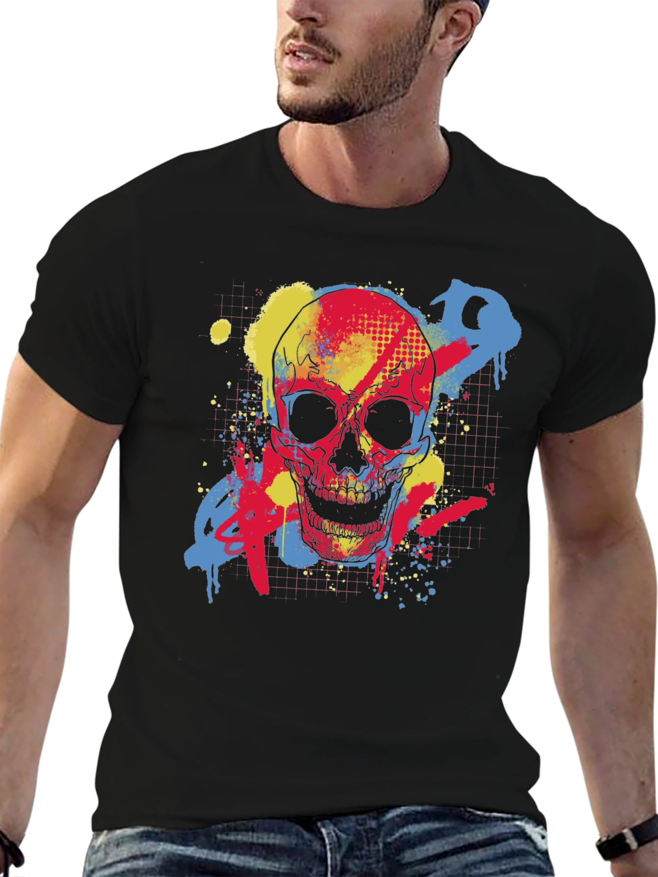 Skull Graffiti Graphic Tee - Black Cotton T-Shirt