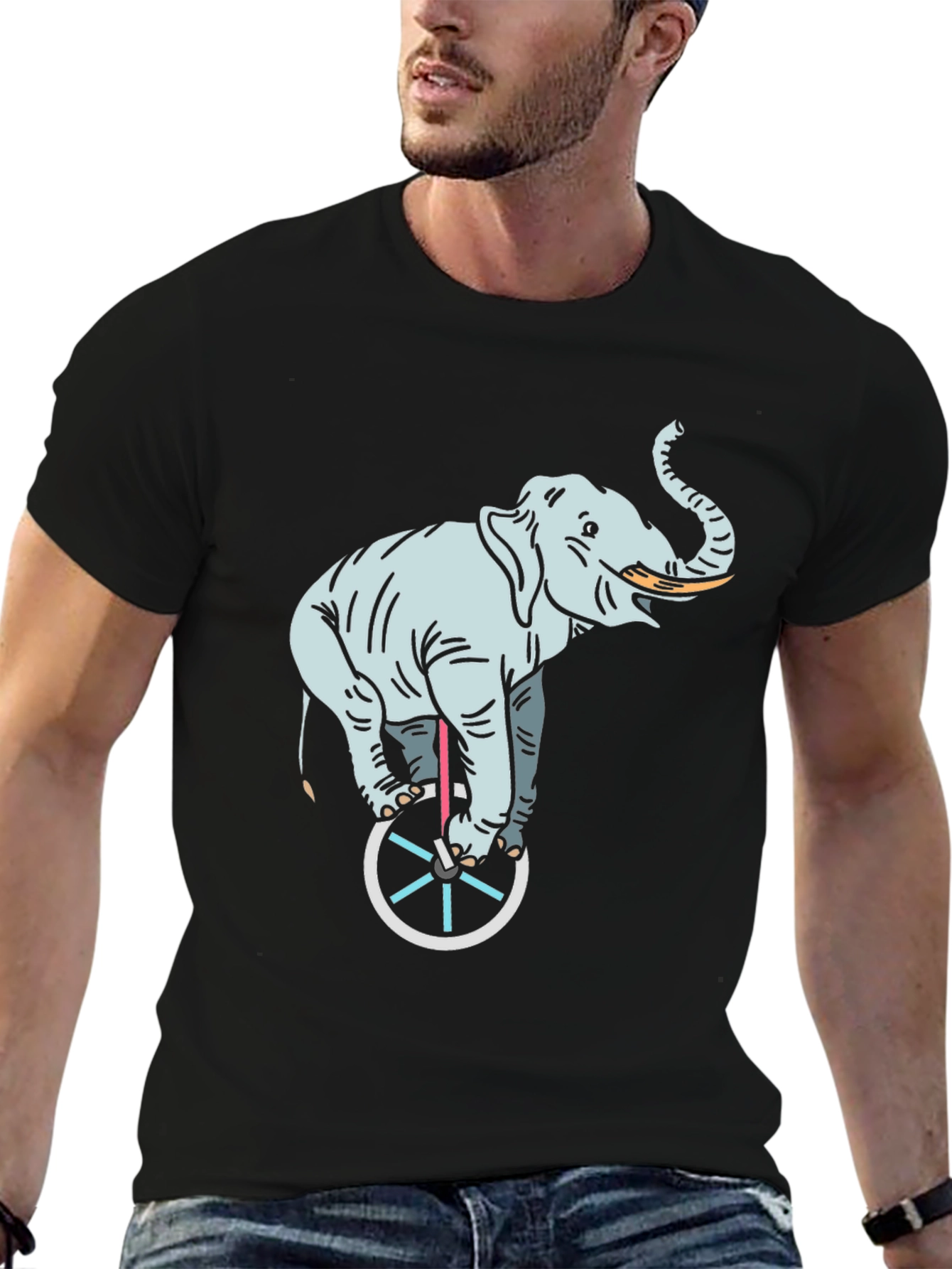 Elephant on Unicycle Graphic Tee - Black Cotton