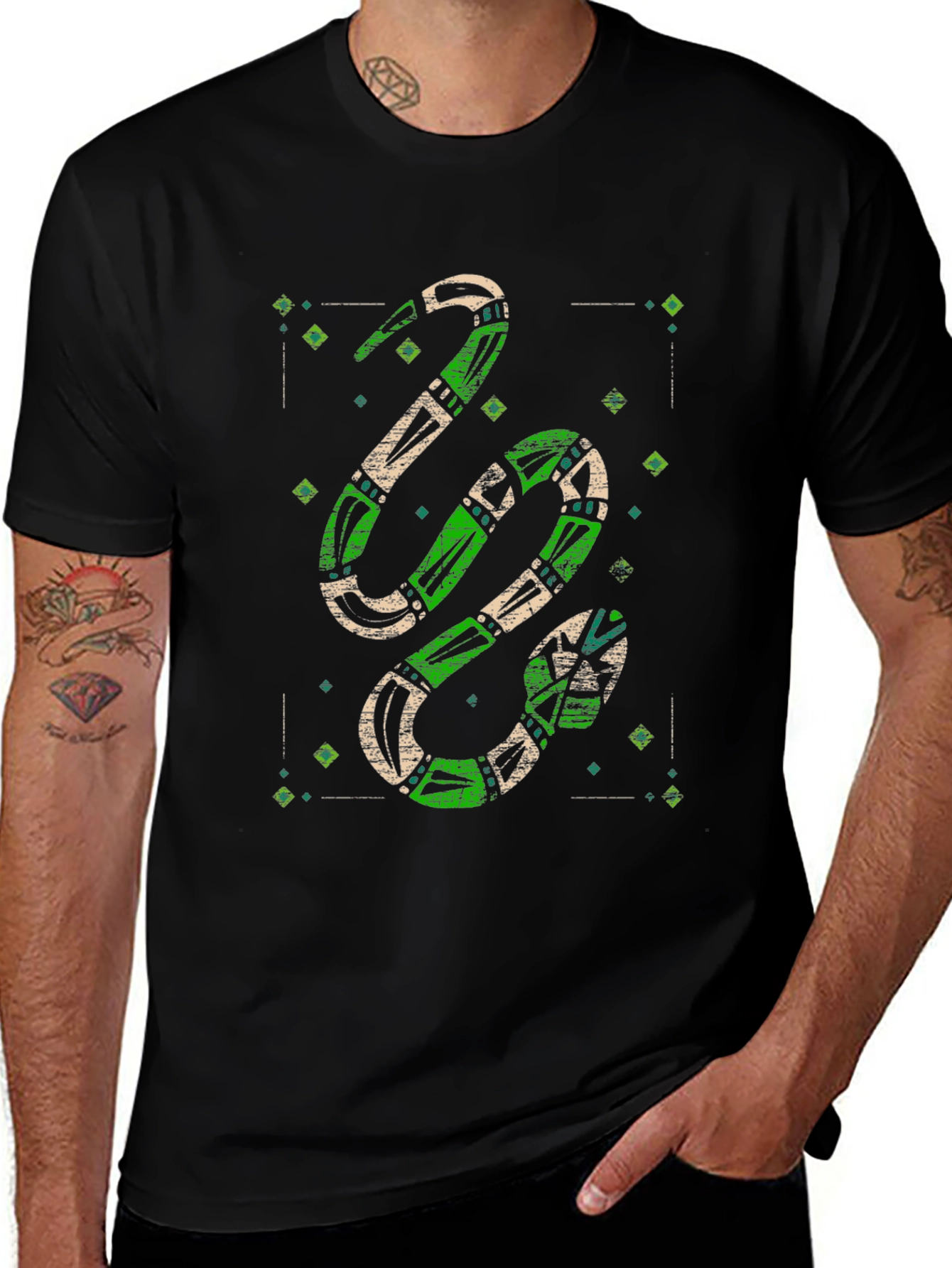 Green Snake Print Graphic Tee - Mens Black T-Shirt