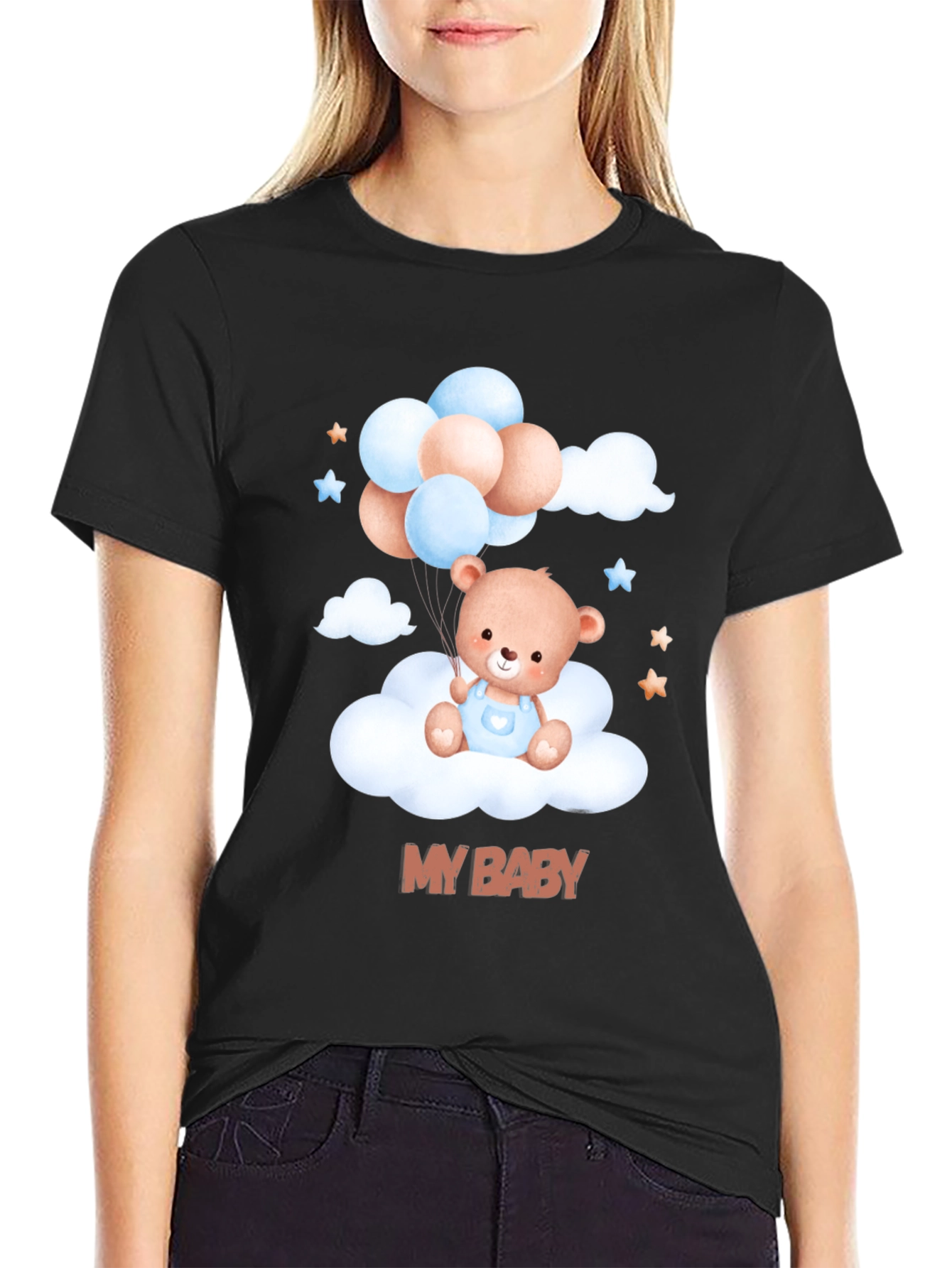 Cute My Baby Bear & Balloons Black T-Shirt