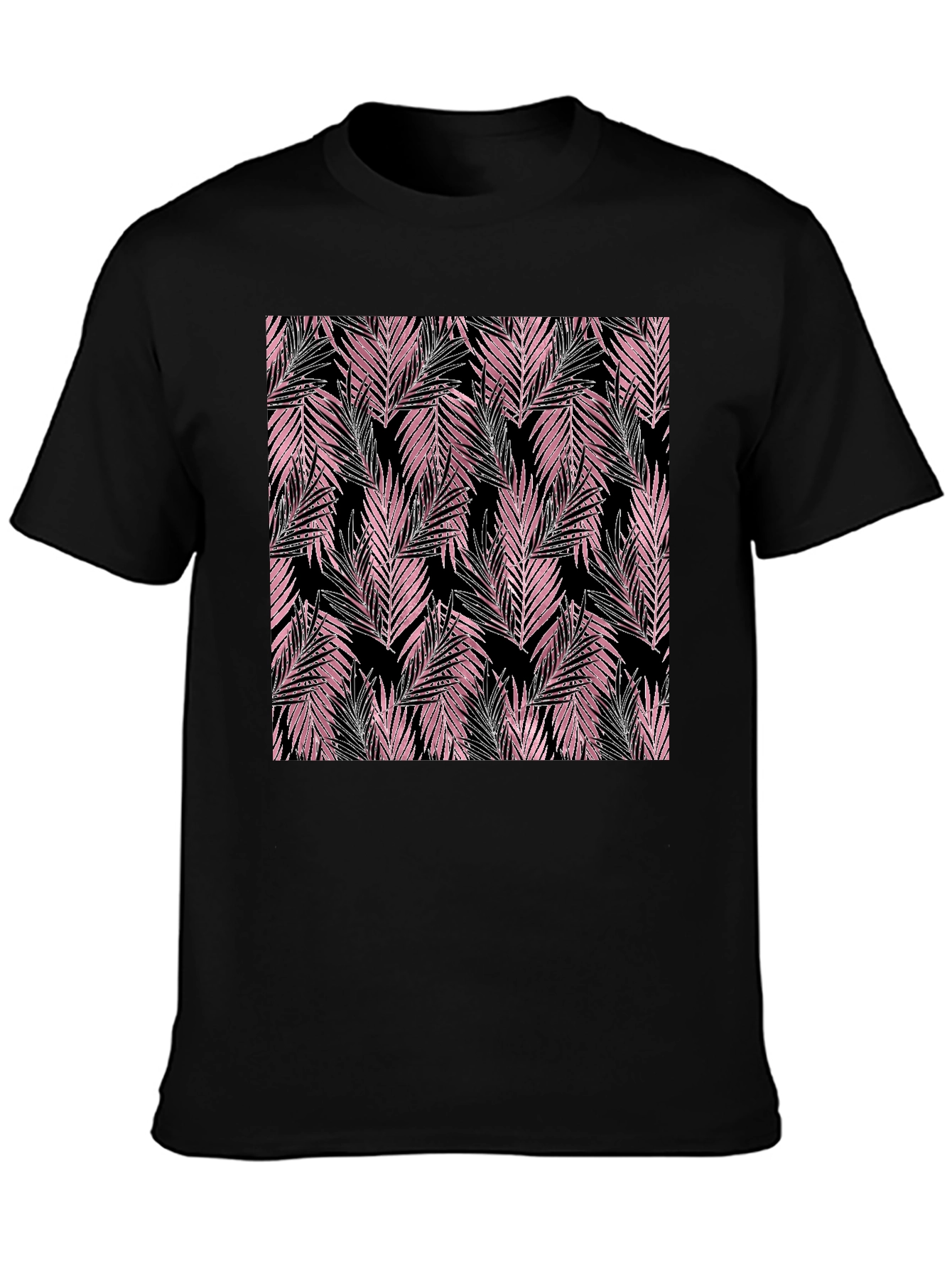 Tropical Pink Leaves Black T-Shirt