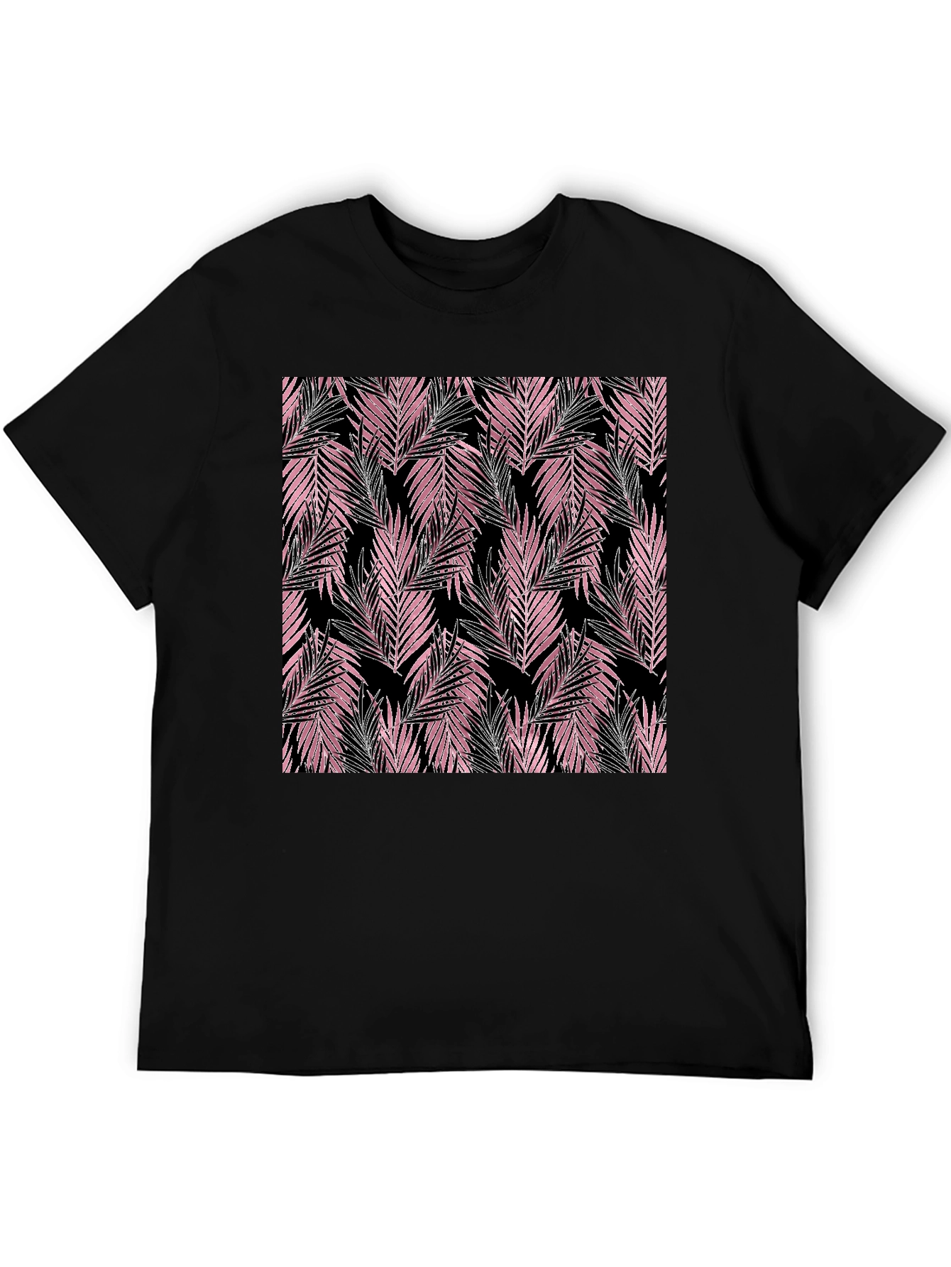 Tropical Pink Leaves Black T-Shirt