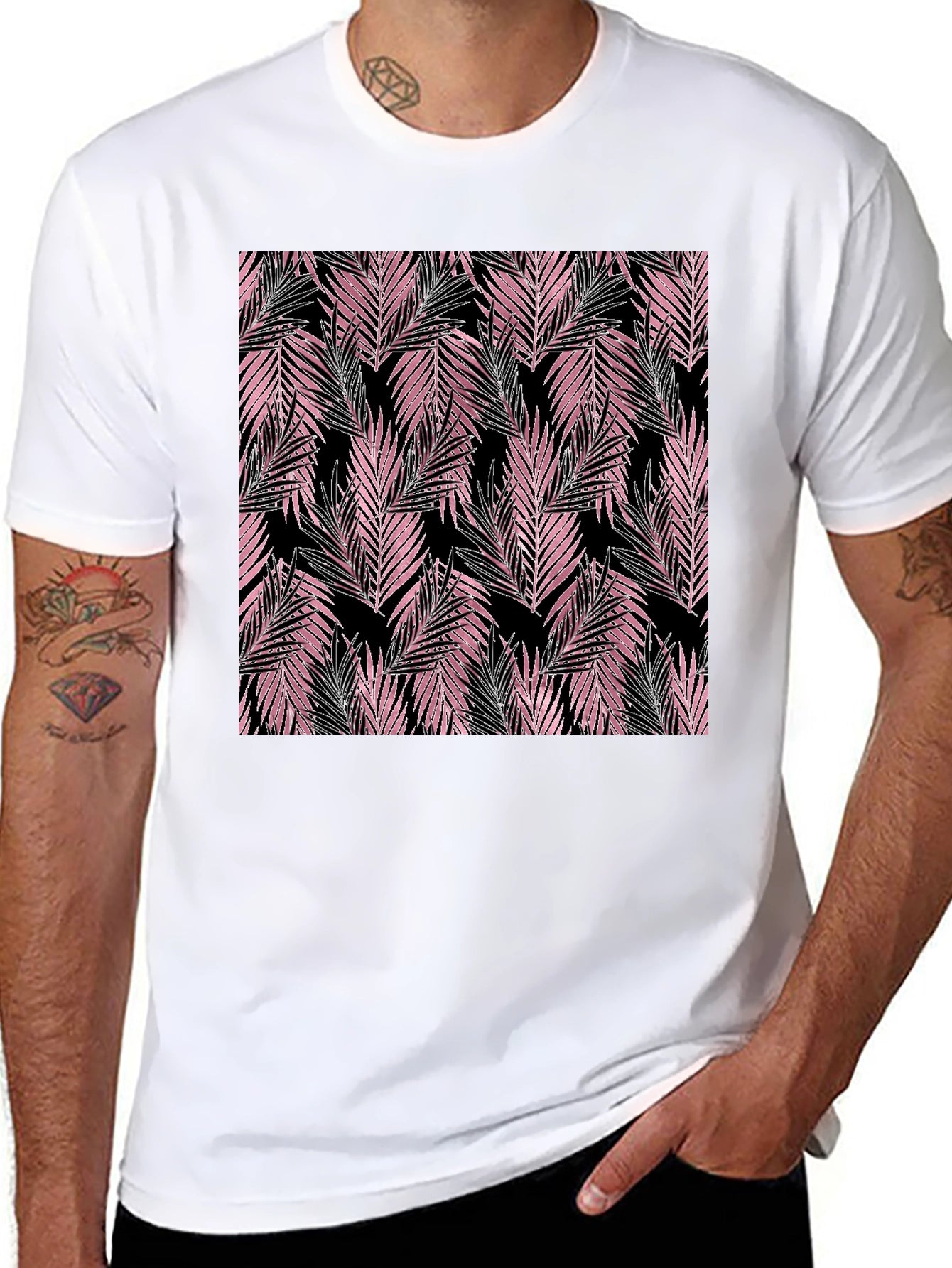 Tropical Pink Leaves Black T-Shirt