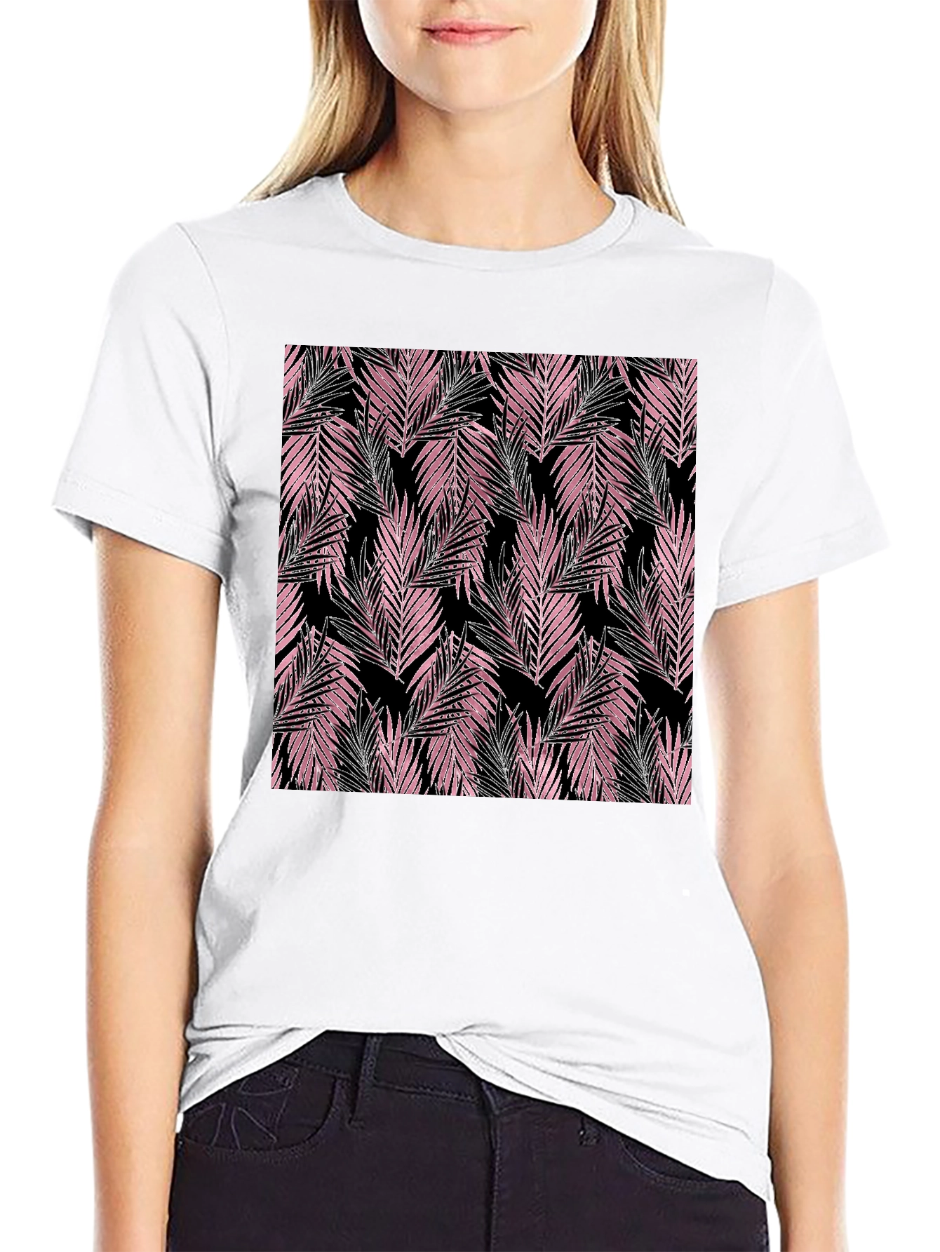 Tropical Pink Leaves Black T-Shirt