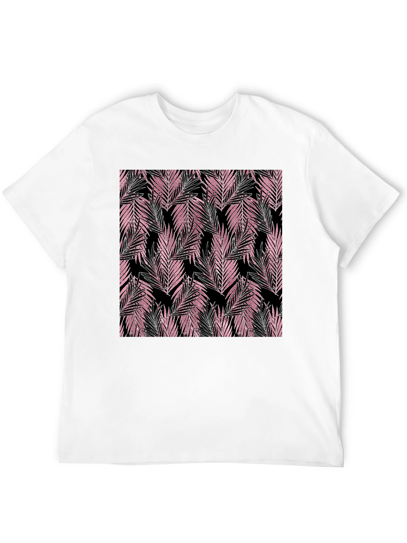 Tropical Pink Leaves Black T-Shirt