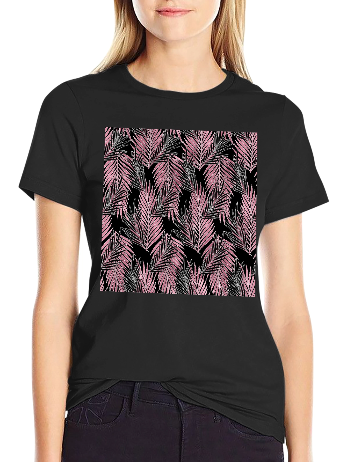 Tropical Pink Leaves Black T-Shirt