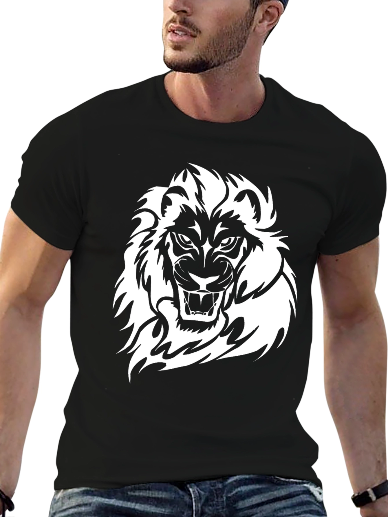 Black T-Shirt with White Lion Graphic
