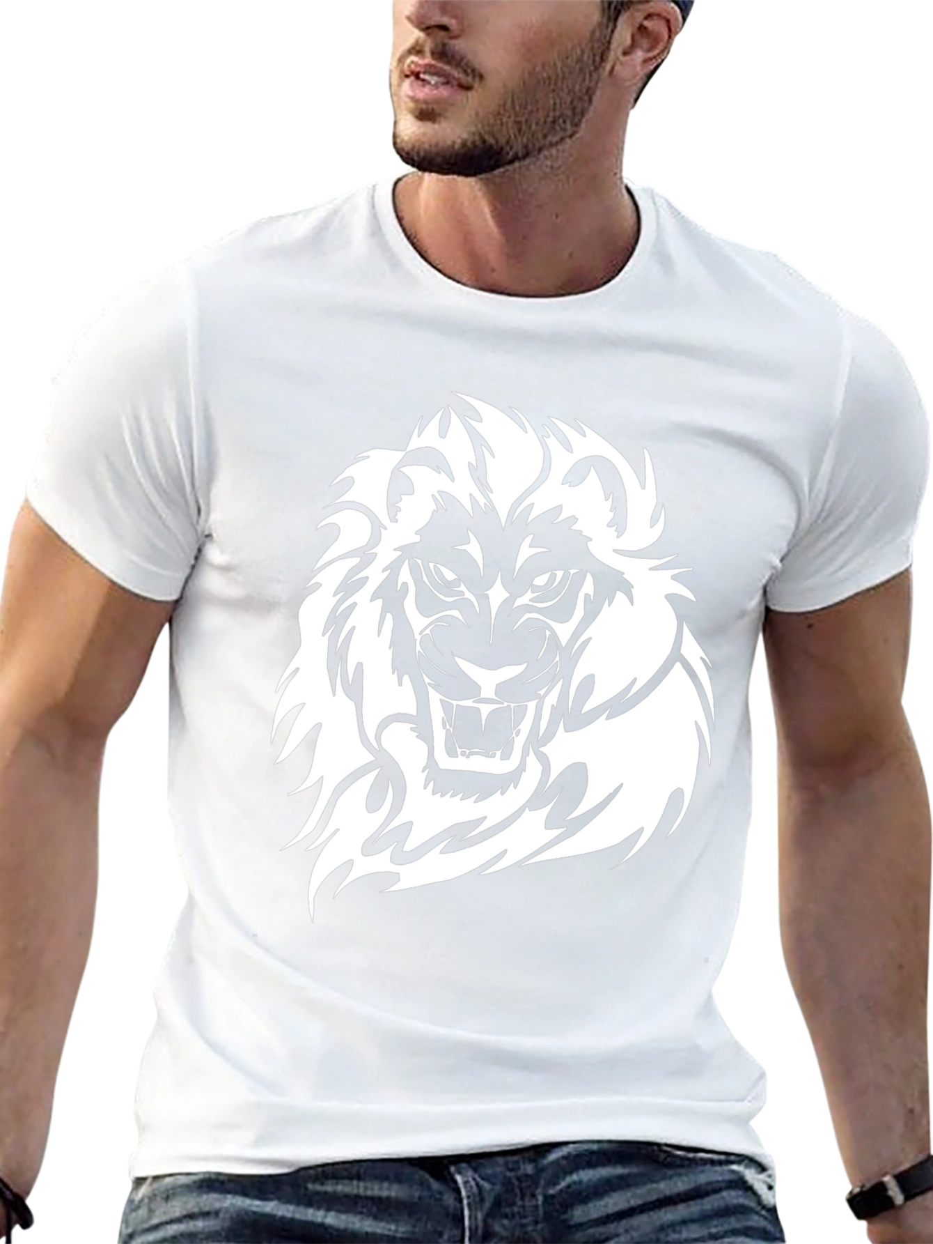 Black T-Shirt with White Lion Graphic