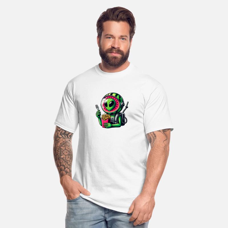 Alien with watermelon helmet eats fries