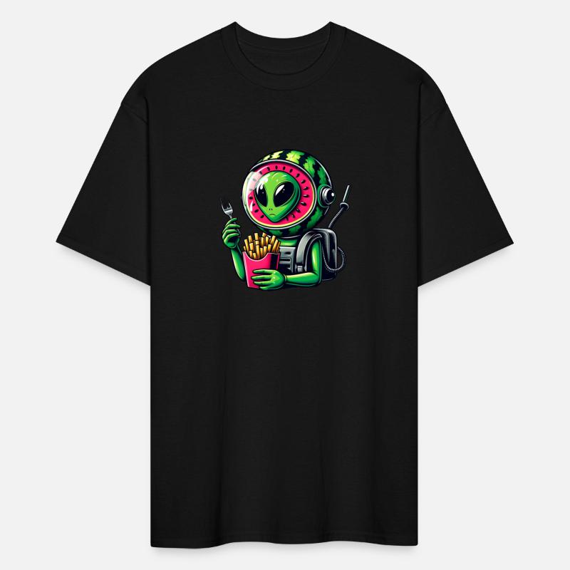 Alien with watermelon helmet eats fries