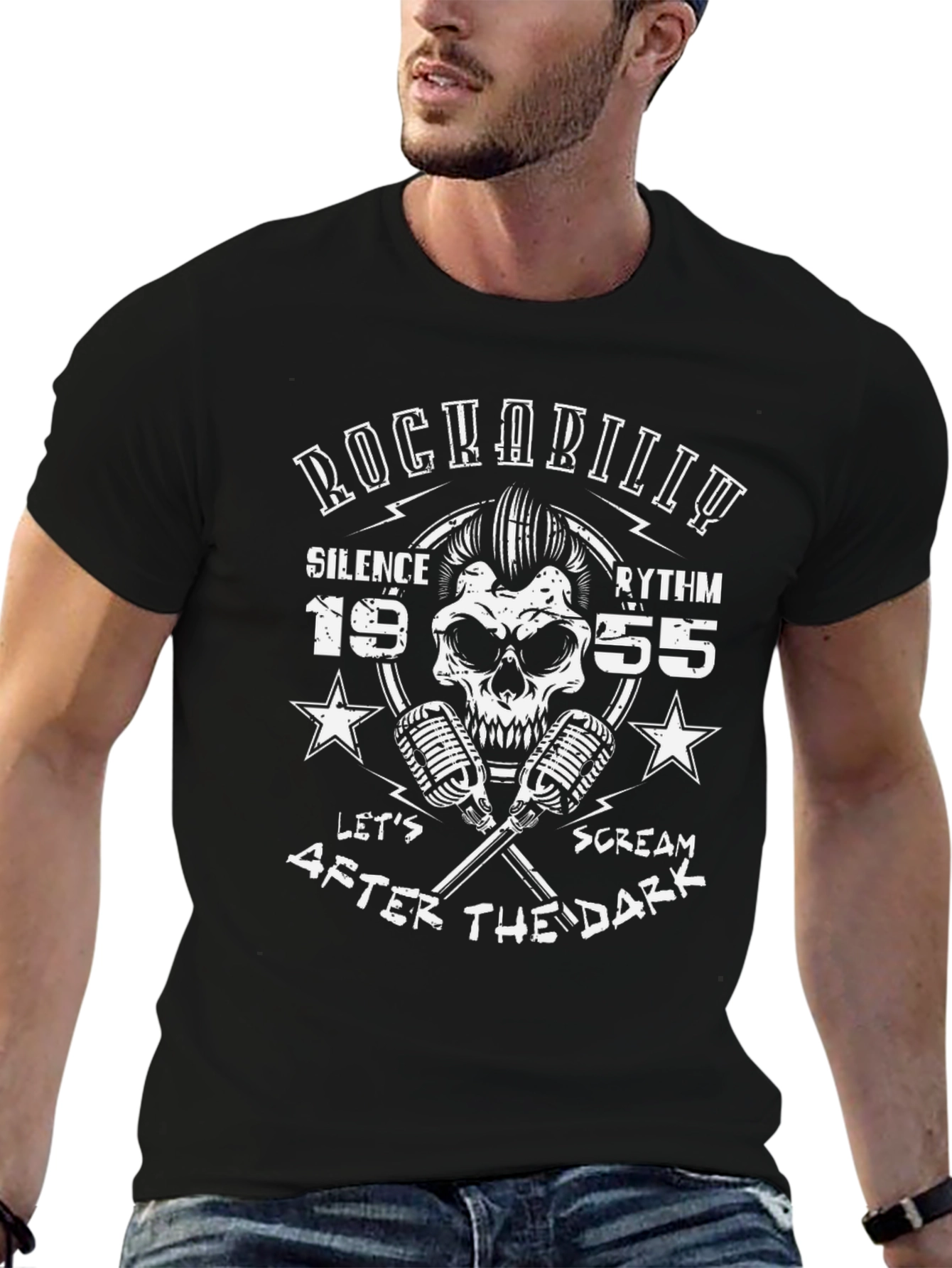 Rockabilly Skull T-Shirt: Silence Rhythm After Dark