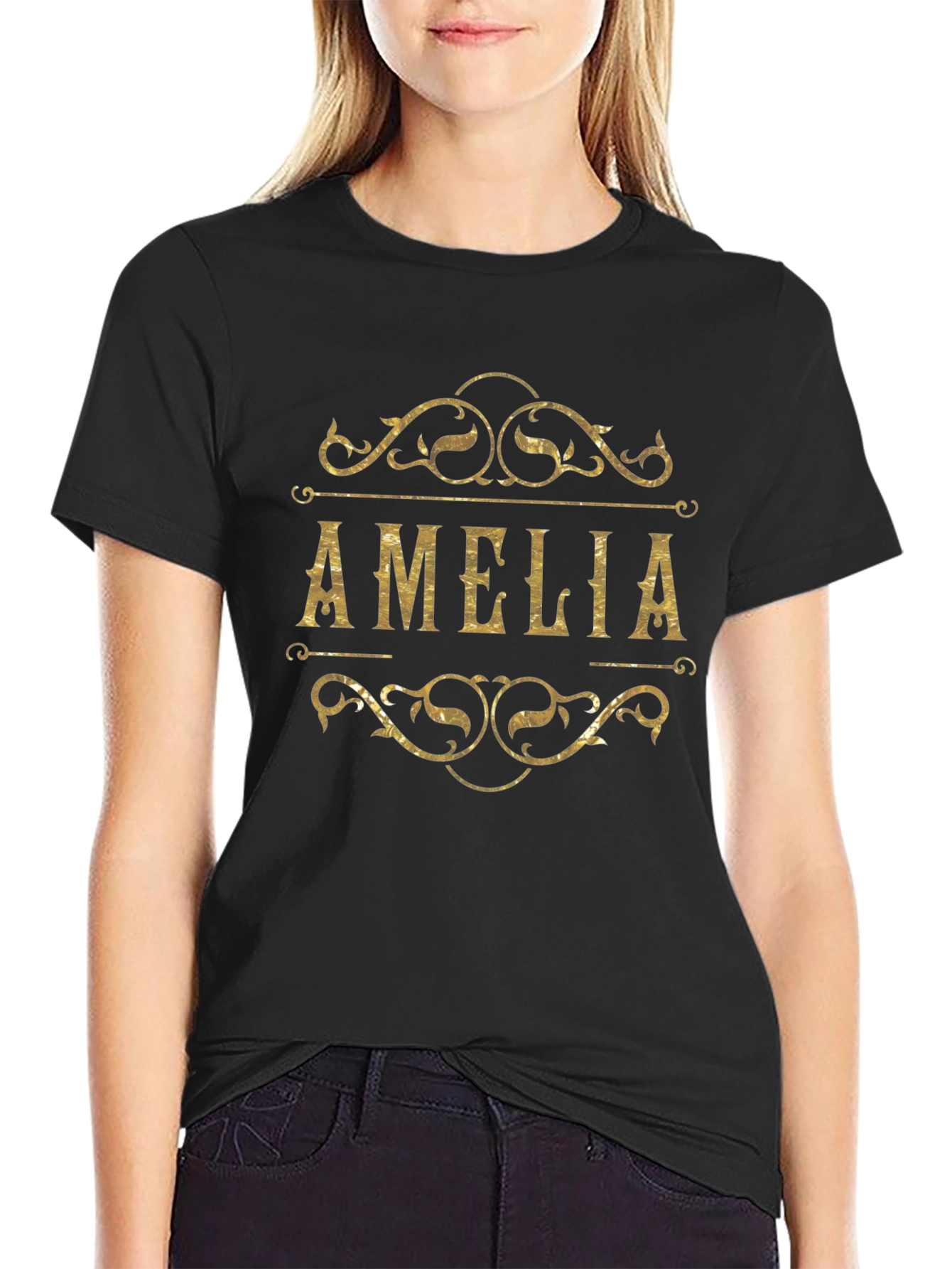 Personalized Amelia Name Gold Print Black T-Shirt