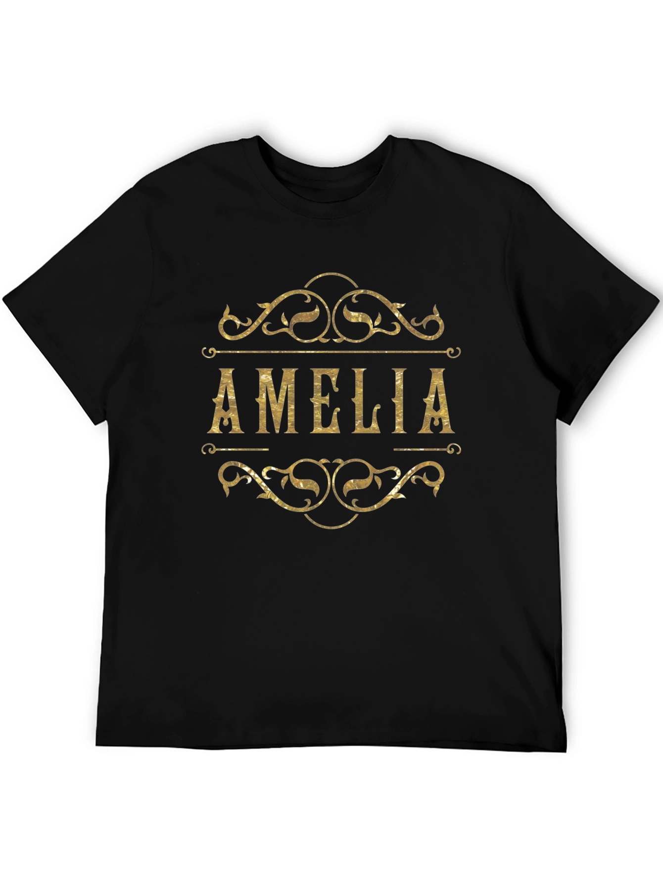 Personalized Amelia Name Gold Print Black T-Shirt