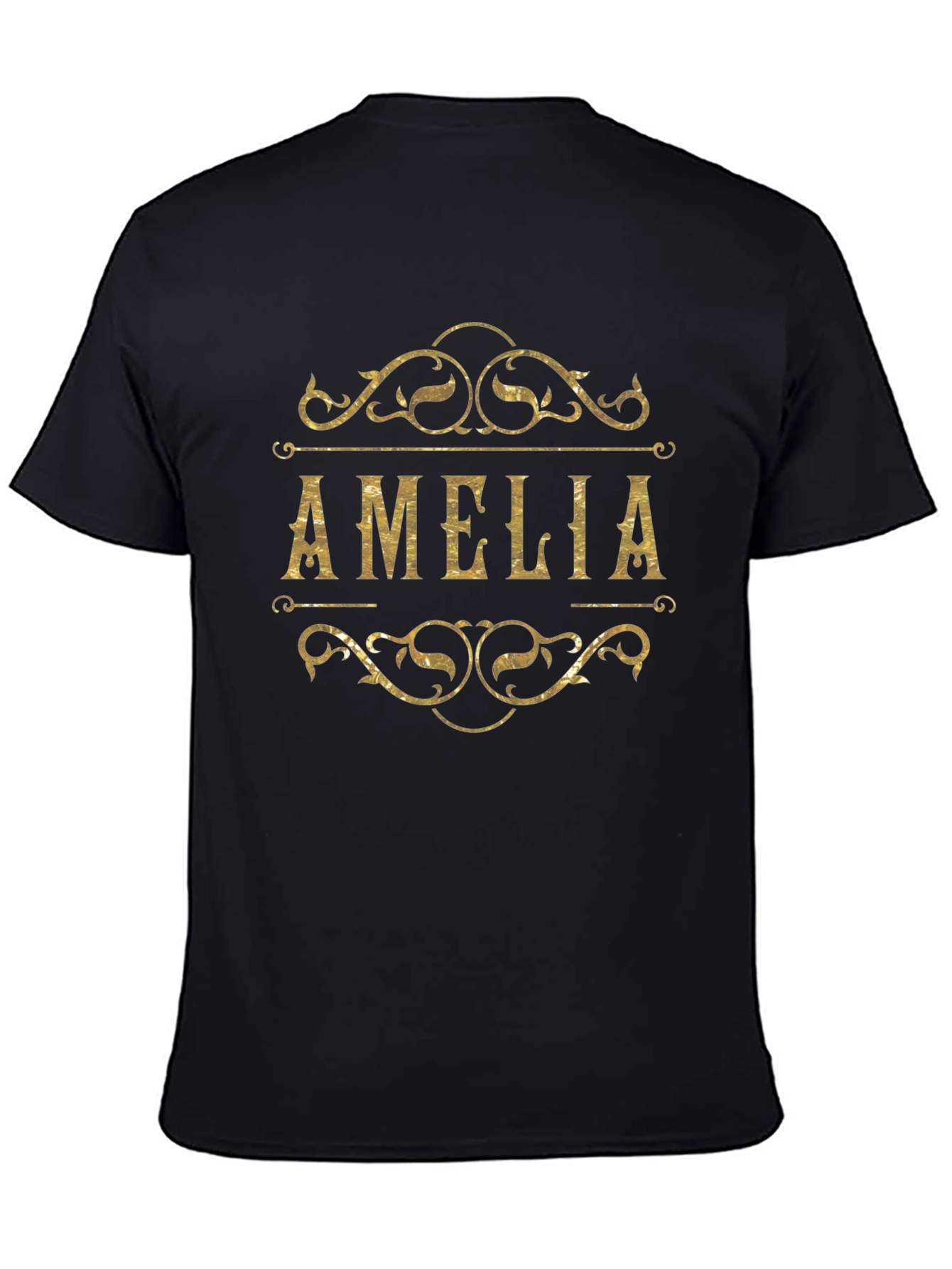 Personalized Amelia Name Gold Print Black T-Shirt