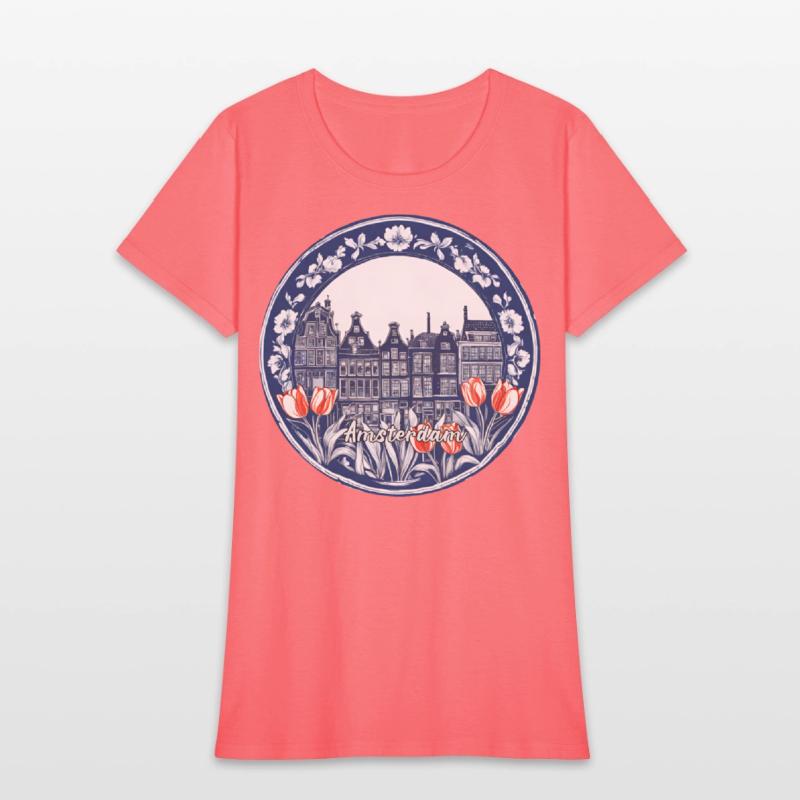 Amsterdam Houses Red Tulips Dutch Blue