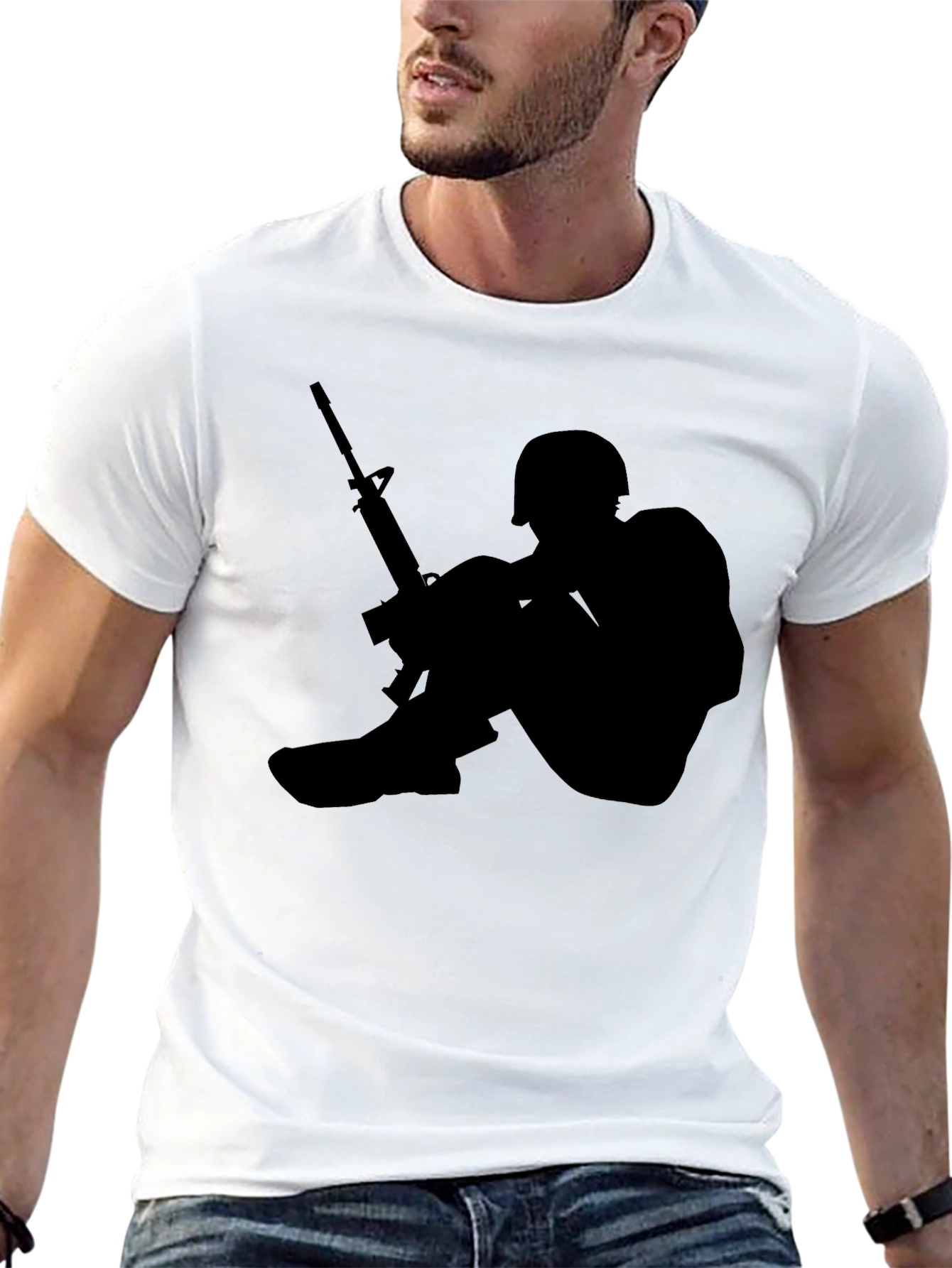 Soldier Silhouette Graphic Tee - Black Cotton Comfort