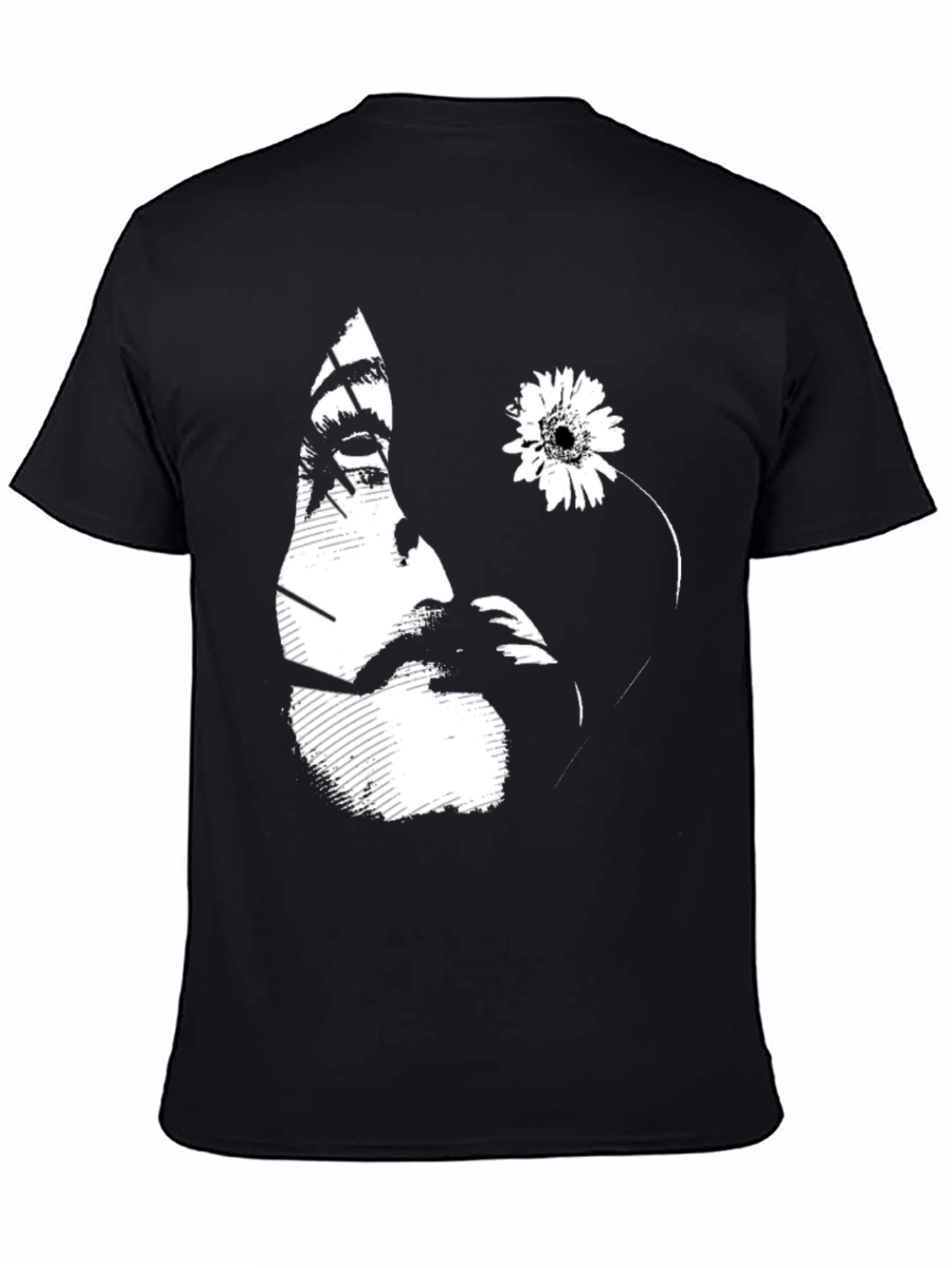 Black Graphic T-Shirt with Floral Face Design