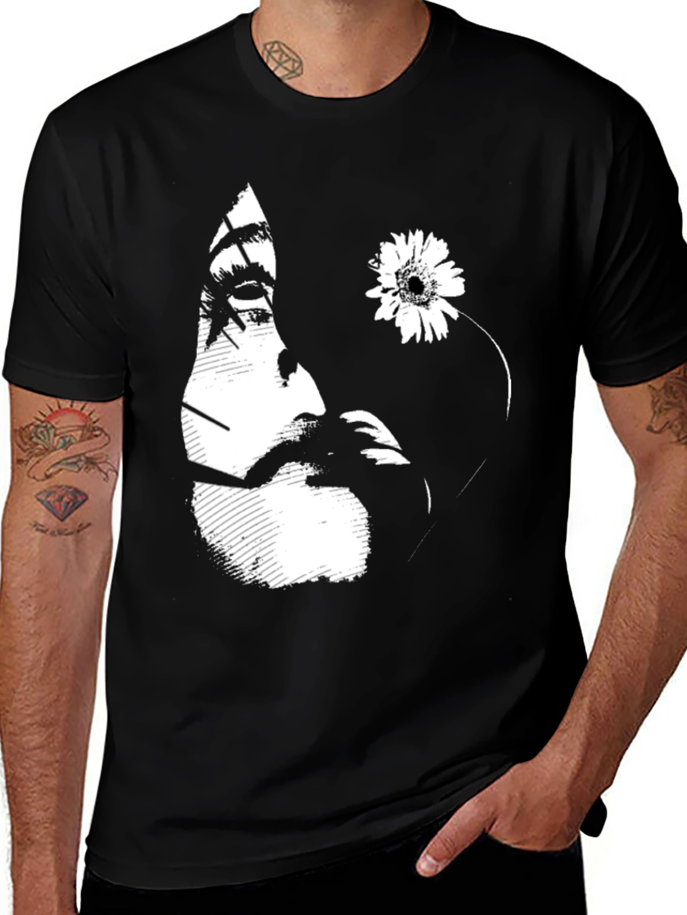 Black Graphic T-Shirt with Floral Face Design