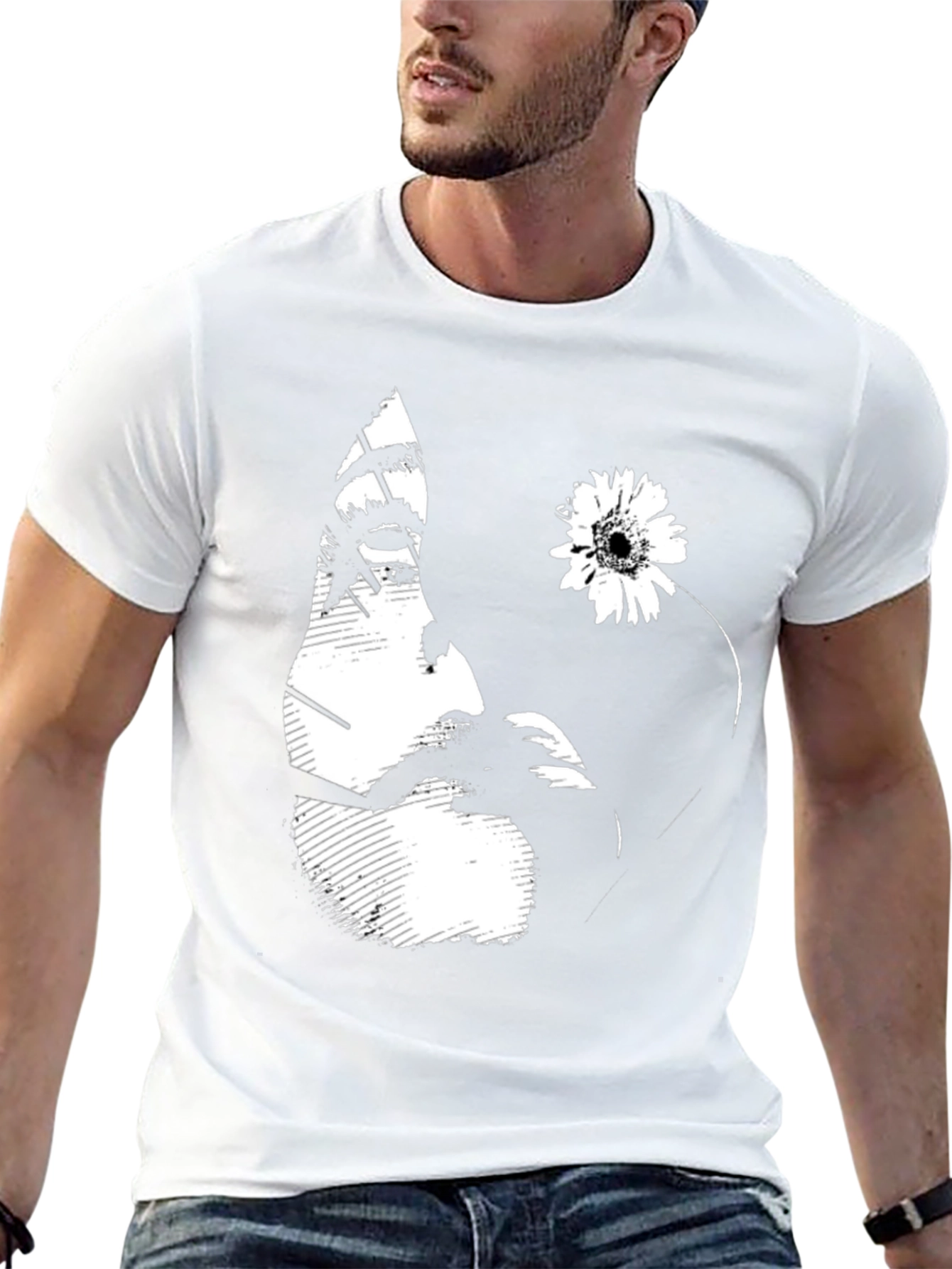 Black Graphic T-Shirt with Floral Face Design