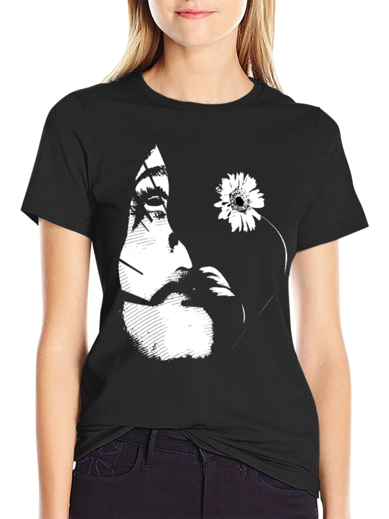 Black Graphic T-Shirt with Floral Face Design