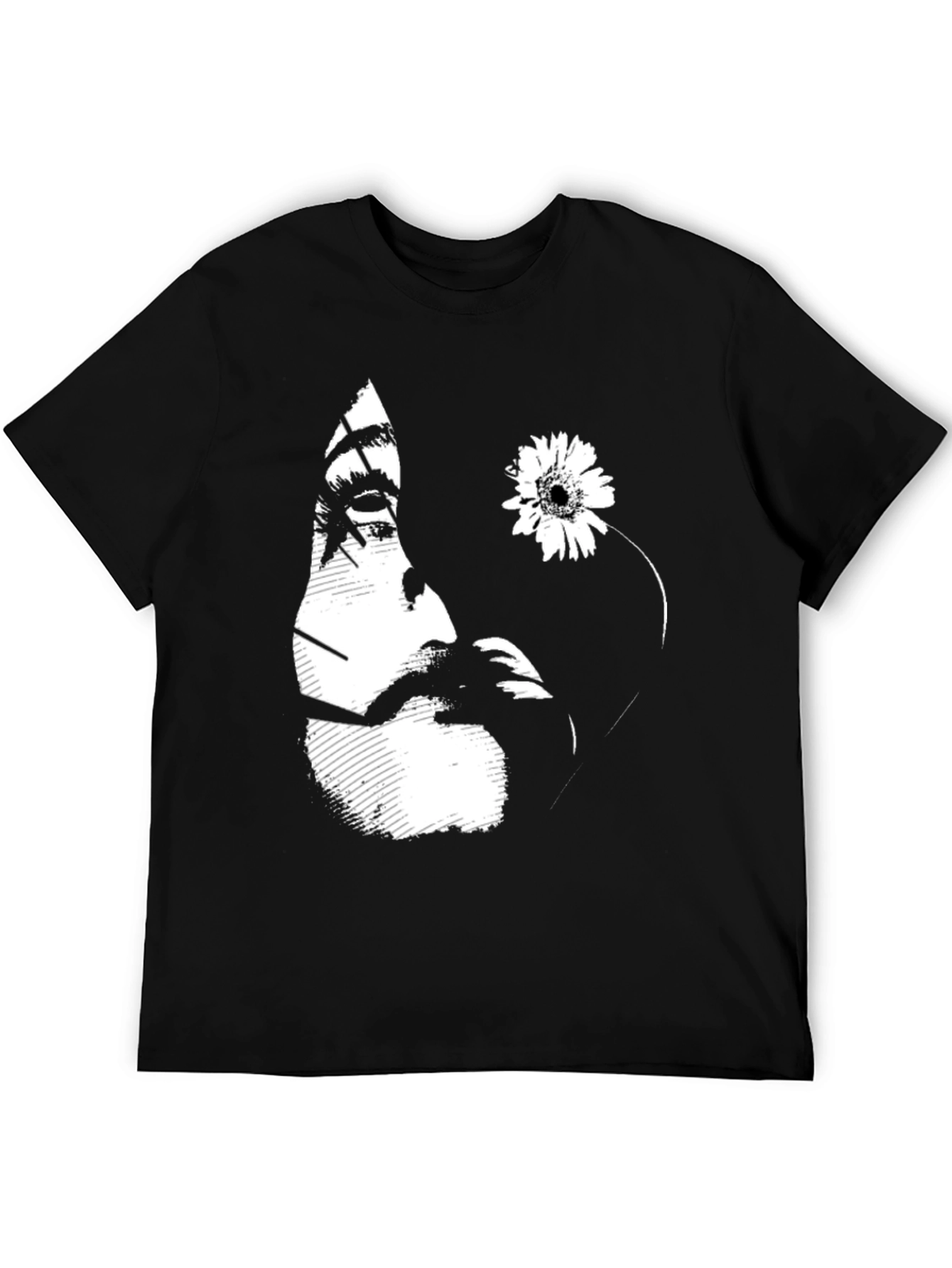 Black Graphic T-Shirt with Floral Face Design