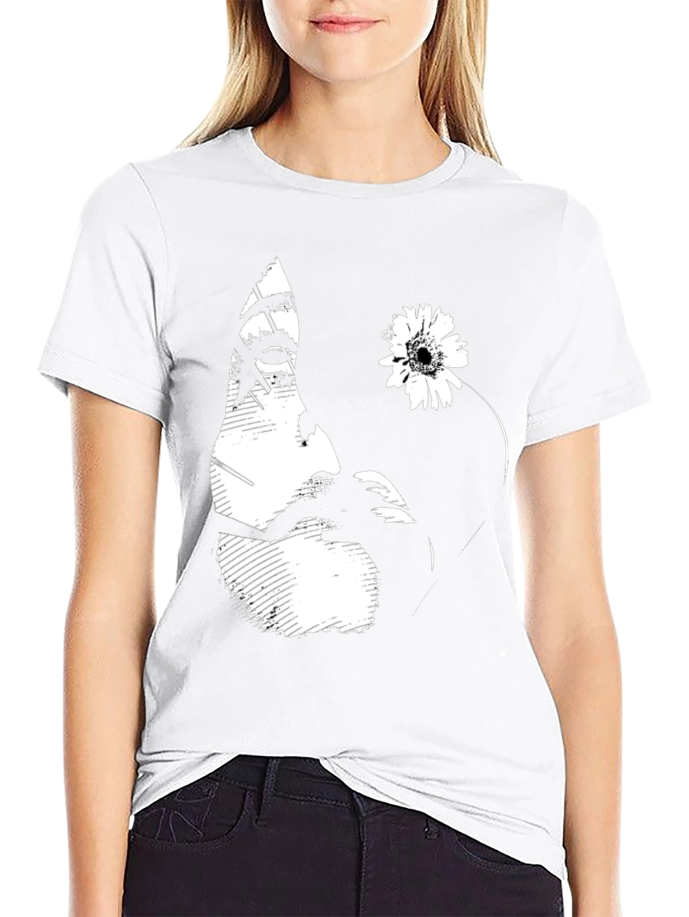 Black Graphic T-Shirt with Floral Face Design