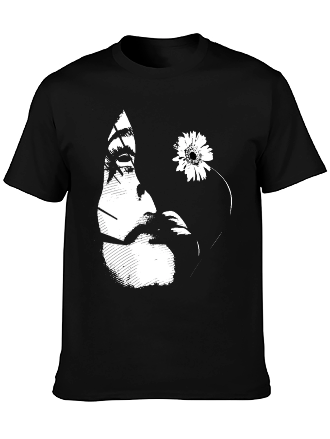 Black Graphic T-Shirt with Floral Face Design