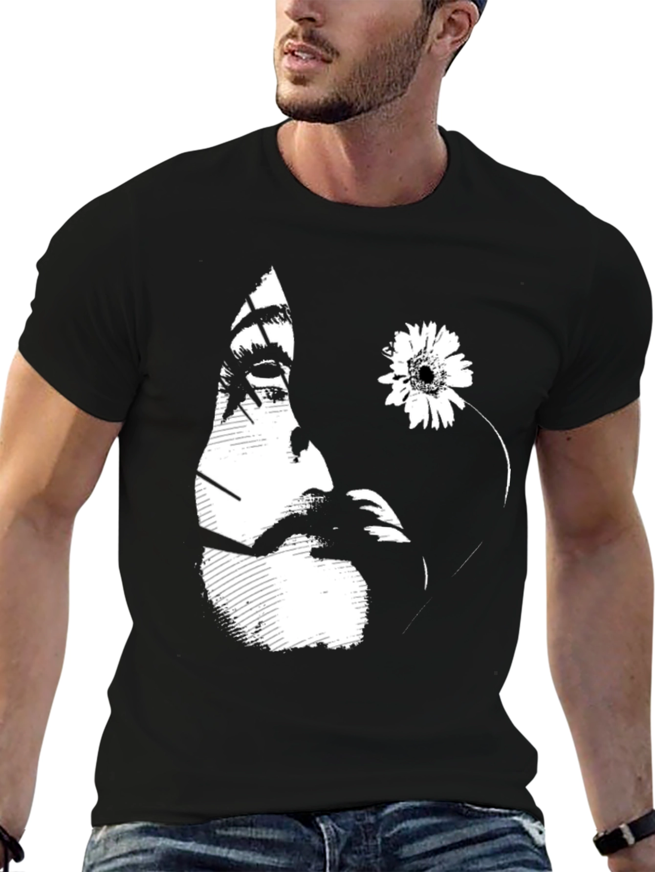 Black Graphic T-Shirt with Floral Face Design