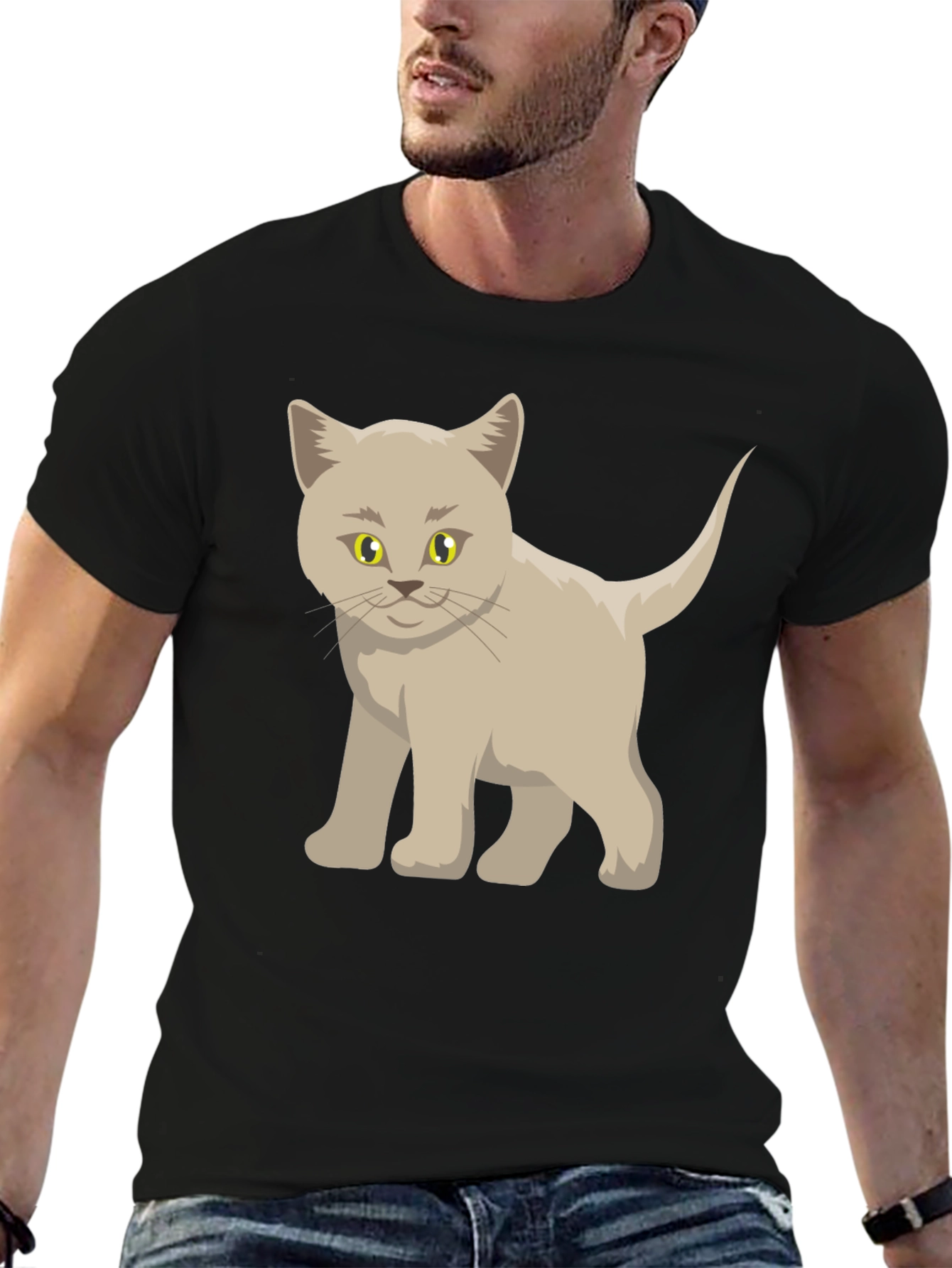 Cute Cartoon Cat Graphic Black T-Shirt
