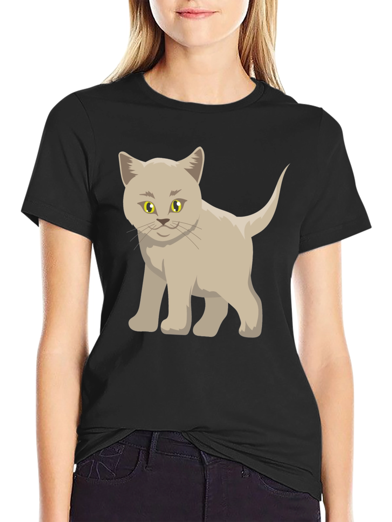 Cute Cartoon Cat Graphic Black T-Shirt