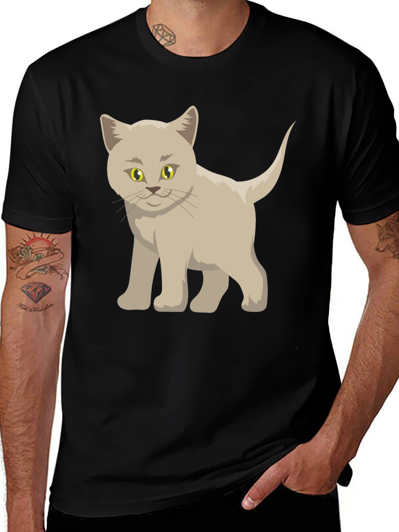 Cute Cartoon Cat Graphic Black T-Shirt