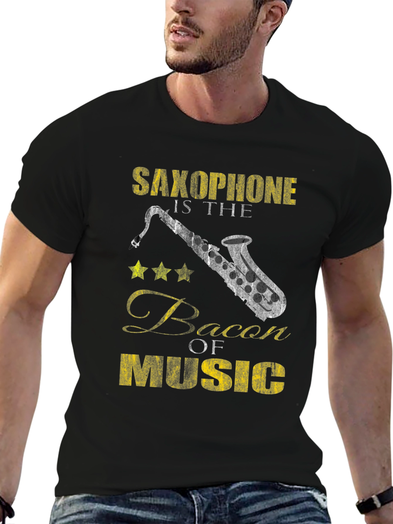 Saxophone Bacon of Music Black T-Shirt