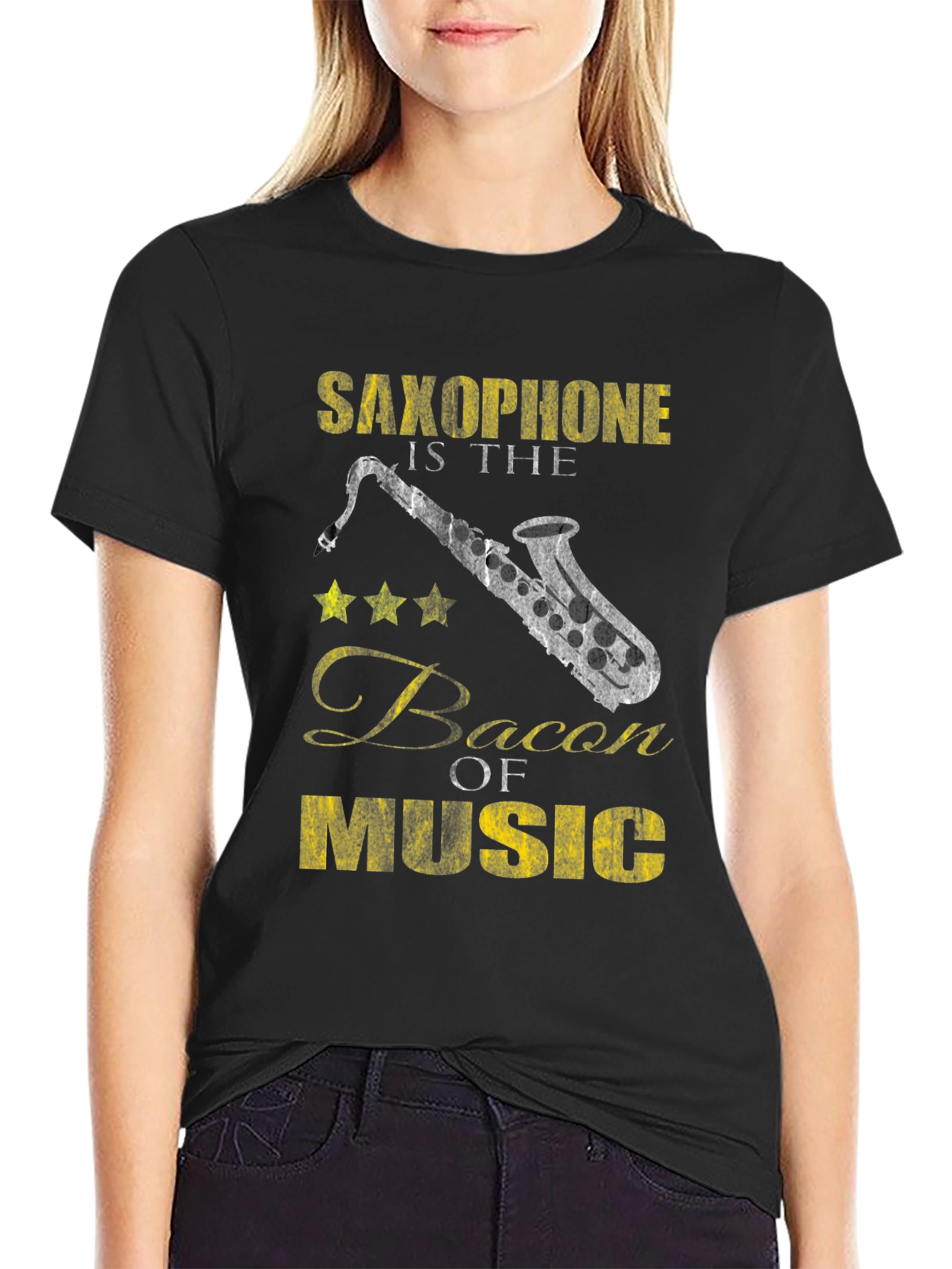 Saxophone Bacon of Music Black T-Shirt