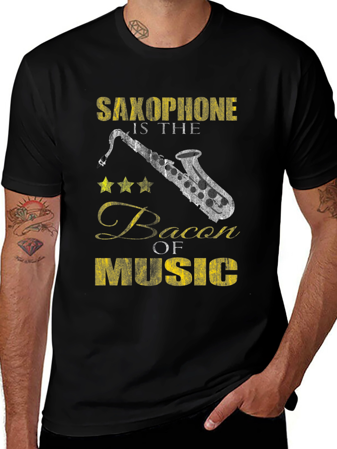 Saxophone Bacon of Music Black T-Shirt