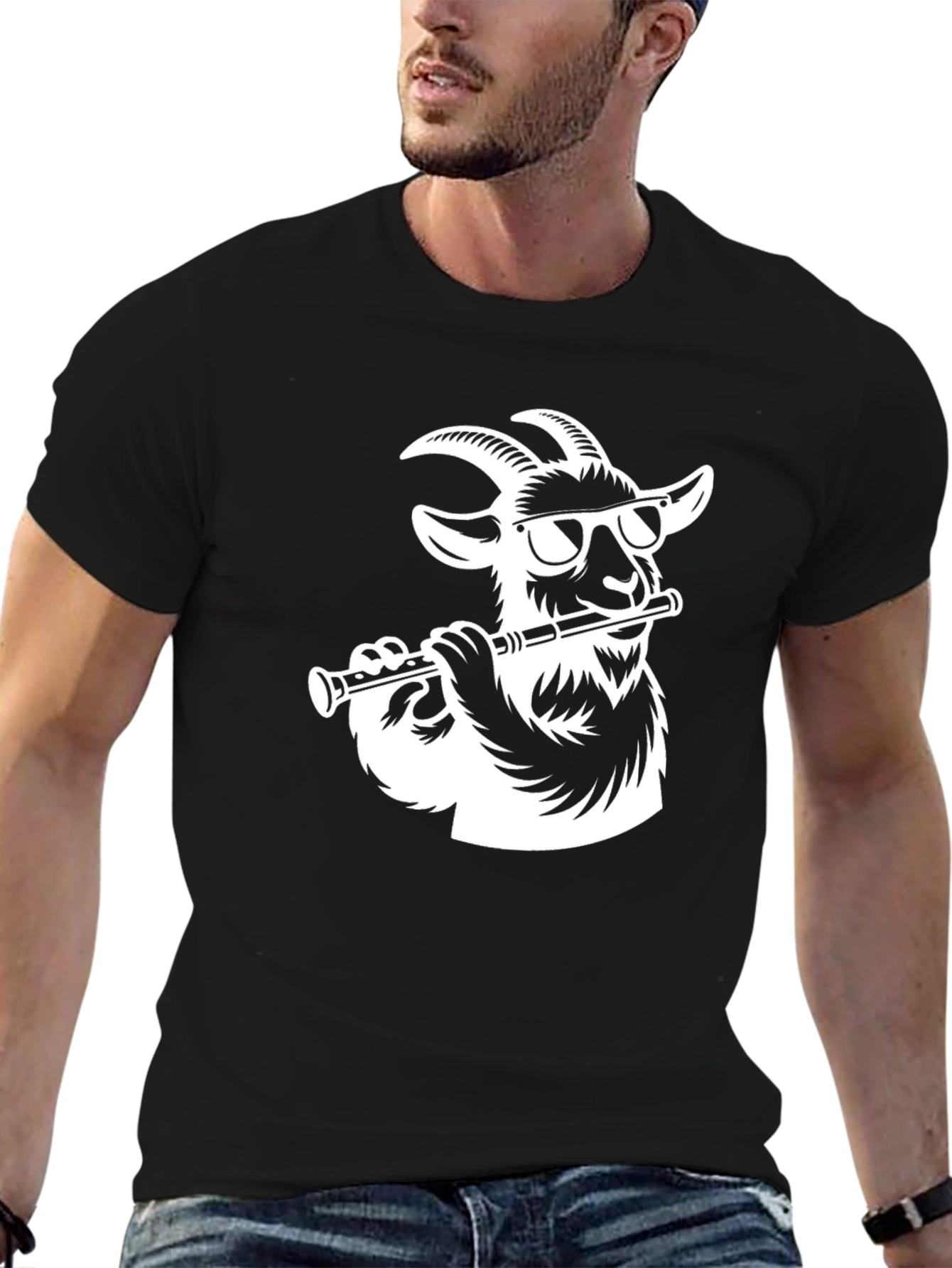 Goat Flute Player Graphic Tee - Stylish Mens T-Shirt