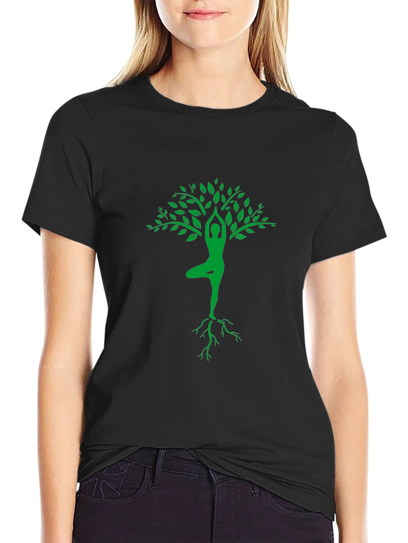 Yoga Tree Pose Graphic Tee - Black Cotton