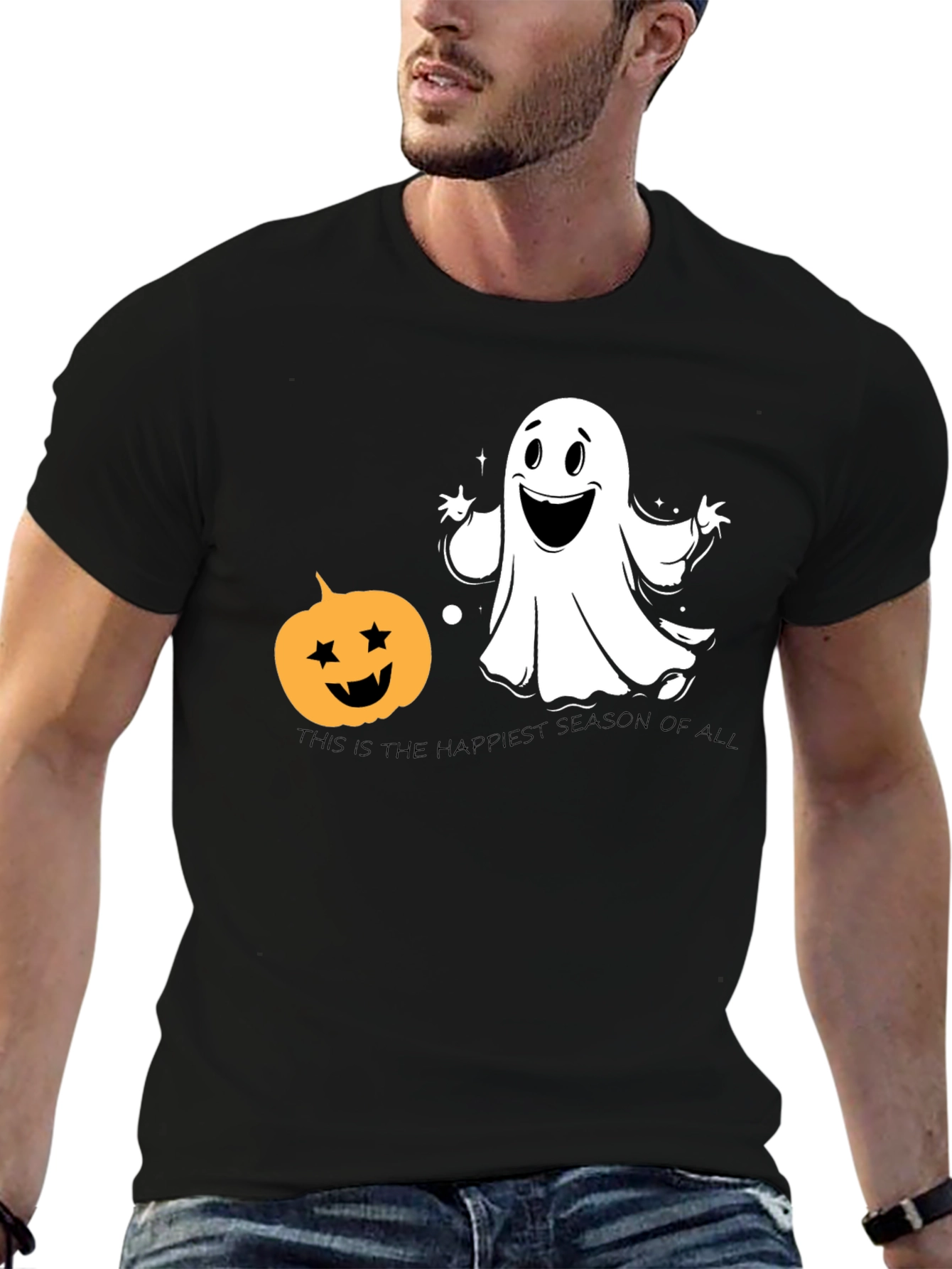 Halloween Ghost & Pumpkin Black T-Shirt