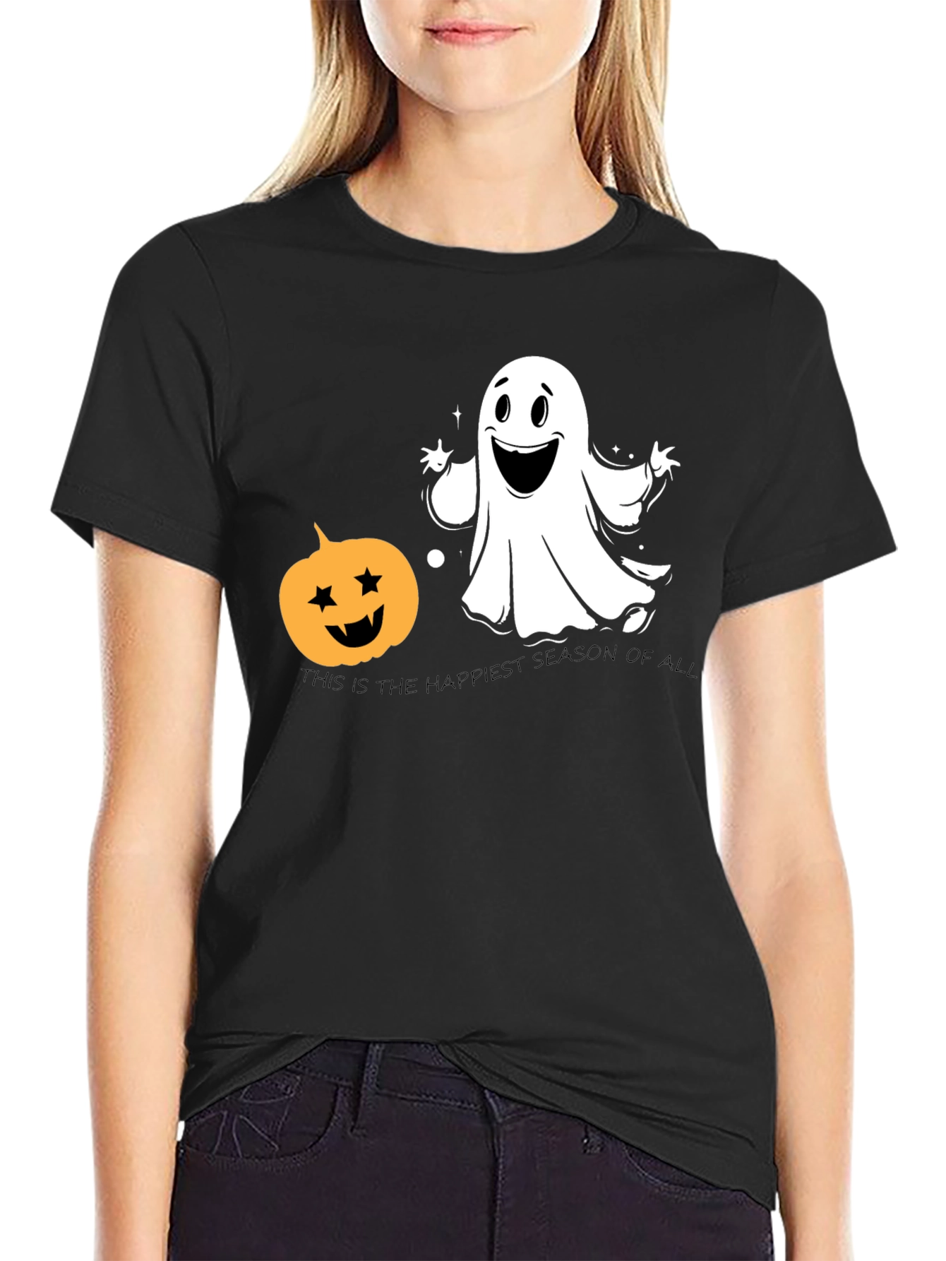 Halloween Ghost & Pumpkin Black T-Shirt