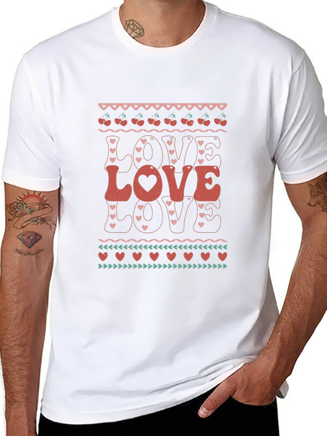 Retro Love Cherries Heart Pattern Graphic Tee