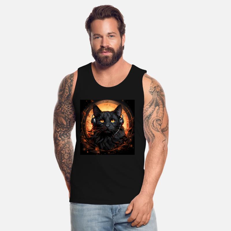 Black cat with earbuds listen to music