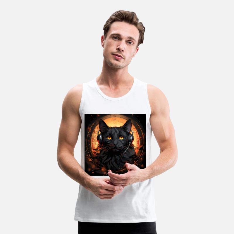 Black cat with earbuds listen to music