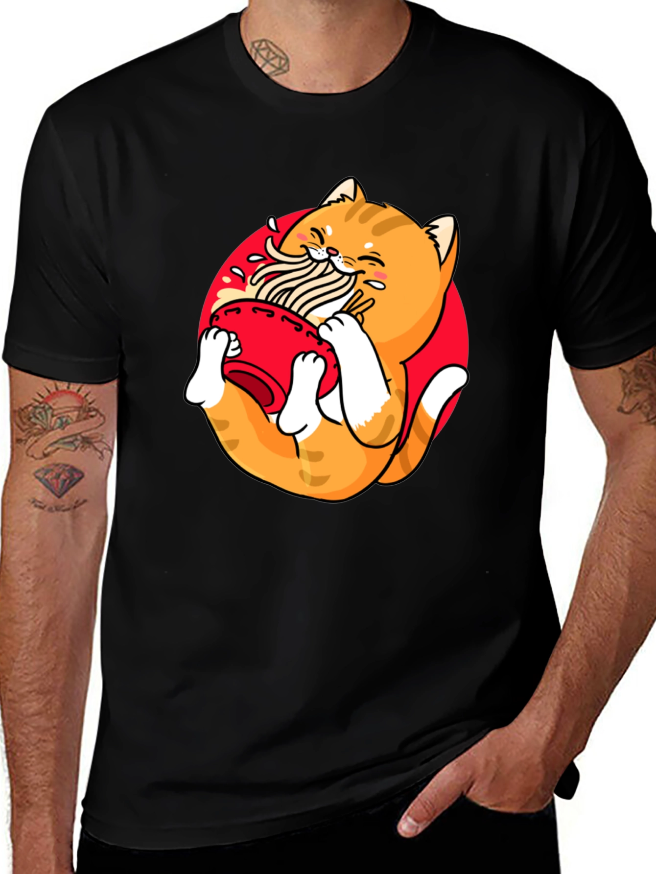 Ramen Cat Graphic Tee - Unique Black T-Shirt